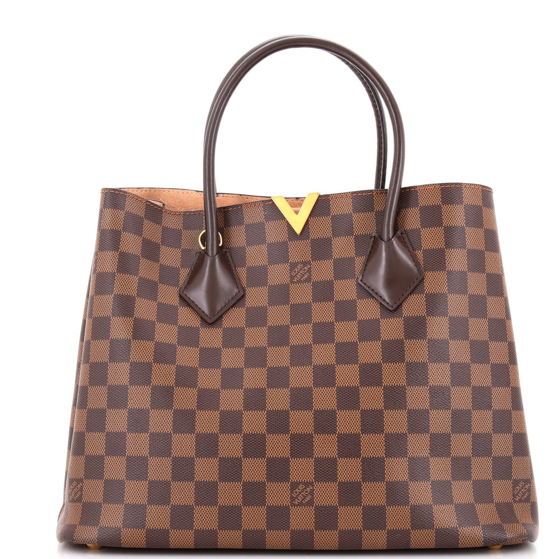 Damier Handbag Vuitton Louis Kensington: Damier Handbag Vuitton Louis Kensington Brown Damier canvas coated tote bag with gold hardware, featuring a neutral microfiber interior. The bag has a classic Kensington design with a 5" handle drop