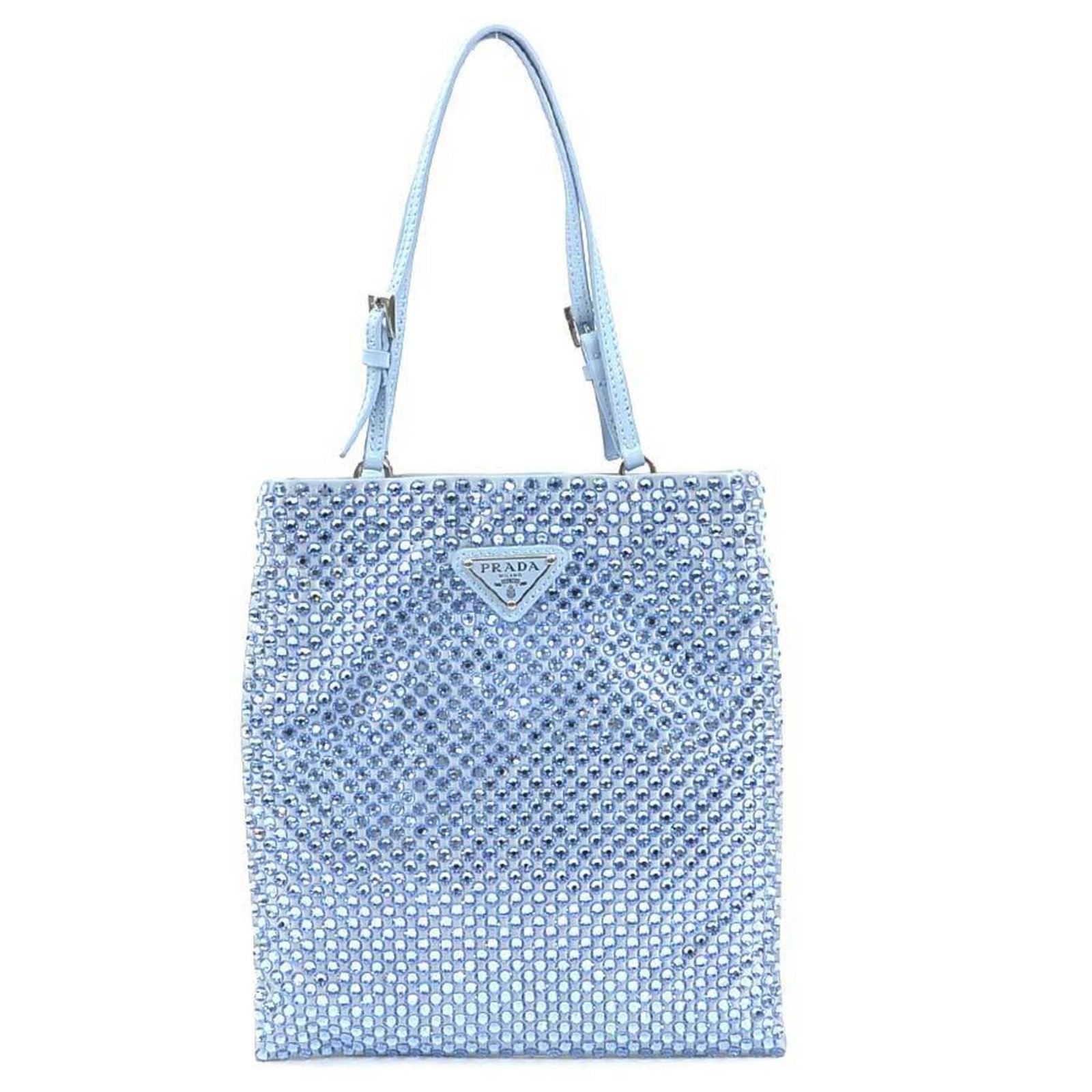 Satin Rhinestone Handbag Prada: Satin Rhinestone Handbag Prada Satin and rhinestone details add a touch of luxury to this light blue Prada handbag, made from high-quality satin material. The bag's compact size and elegant design mak