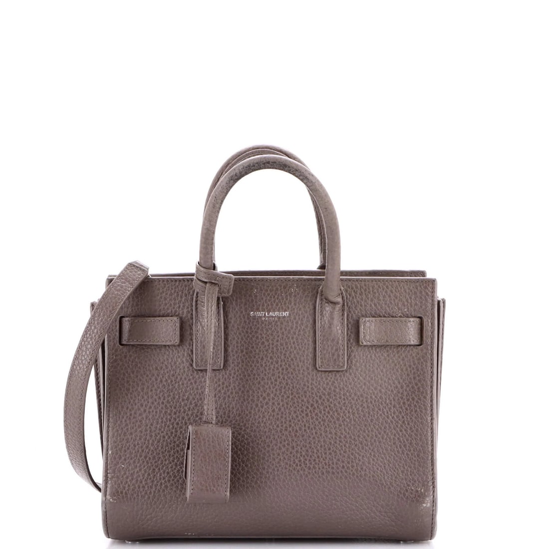 Sac de Jour Bag Nano Leather Saint Laurent NM: Sac de Jour Bag Nano Leather Saint Laurent NM Gray Sac de Jour Bag Nano Leather Saint Laurent features a classic totes design with a nano leather exterior and aged silver hardware. The bag measures 6.