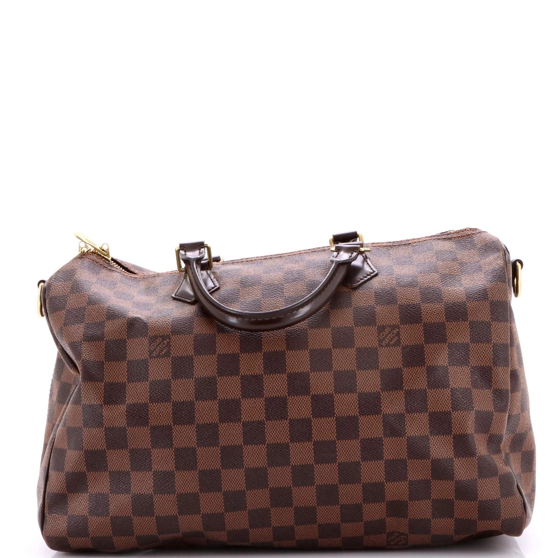 Louis Vuitton Speedy Bandouliere Bag Damier 35: Louis Vuitton Speedy Bandouliere Bag Damier 35 Brown Louis Vuitton Speedy Bandouliere Bag Damier 35 with 35" measurements, featuring a canvas coated exterior, red interior, and gold hardware. The bag