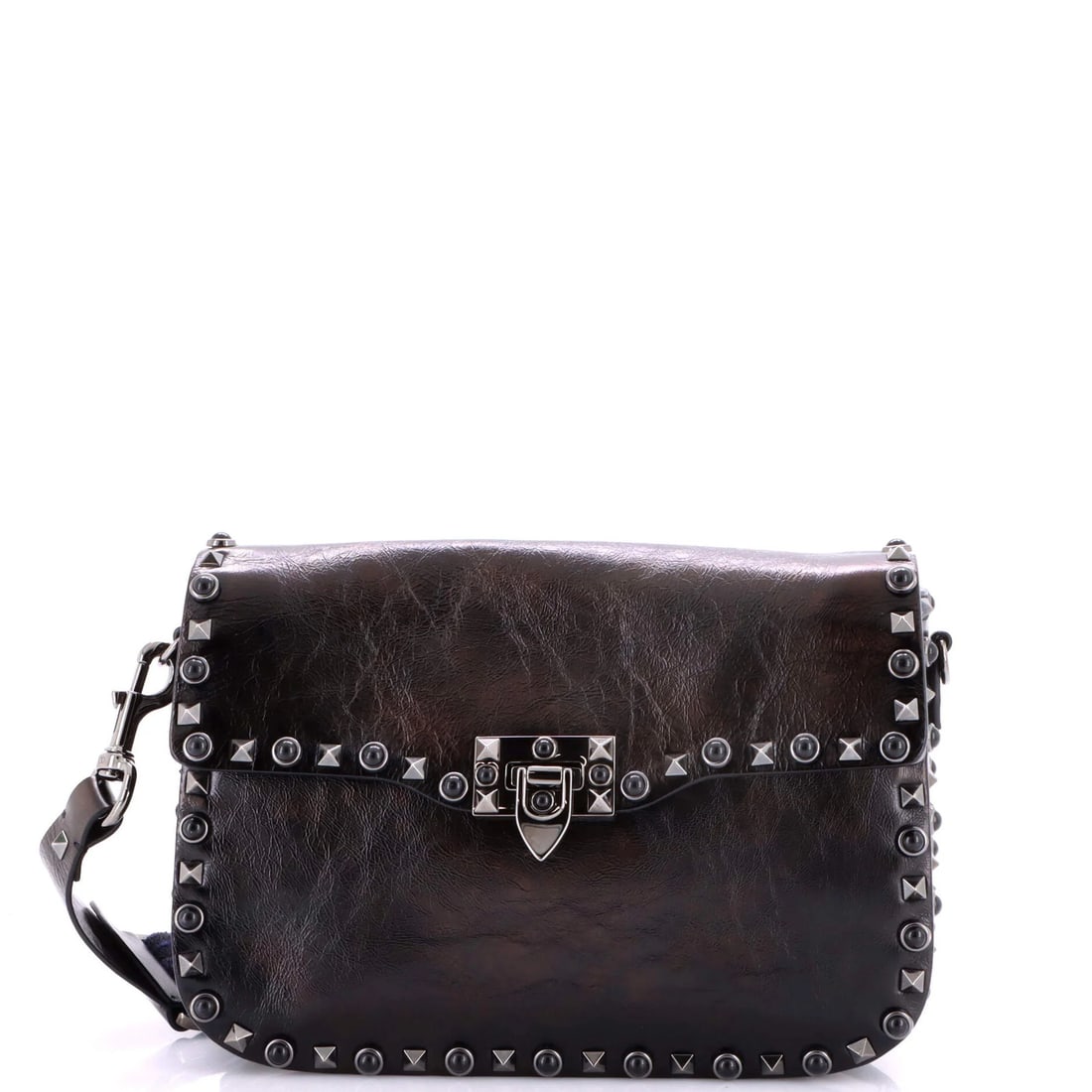 Garavani Rolling Valentino Leather Crossbody Bag with Rockstud Cabochons Medium: Garavani Rolling Valentino Leather Crossbody Bag with Rockstud Cabochons Medium Black leather crossbody bag with a medium size, featuring a rolling design and Rockstud cabochons, made from high-qualit