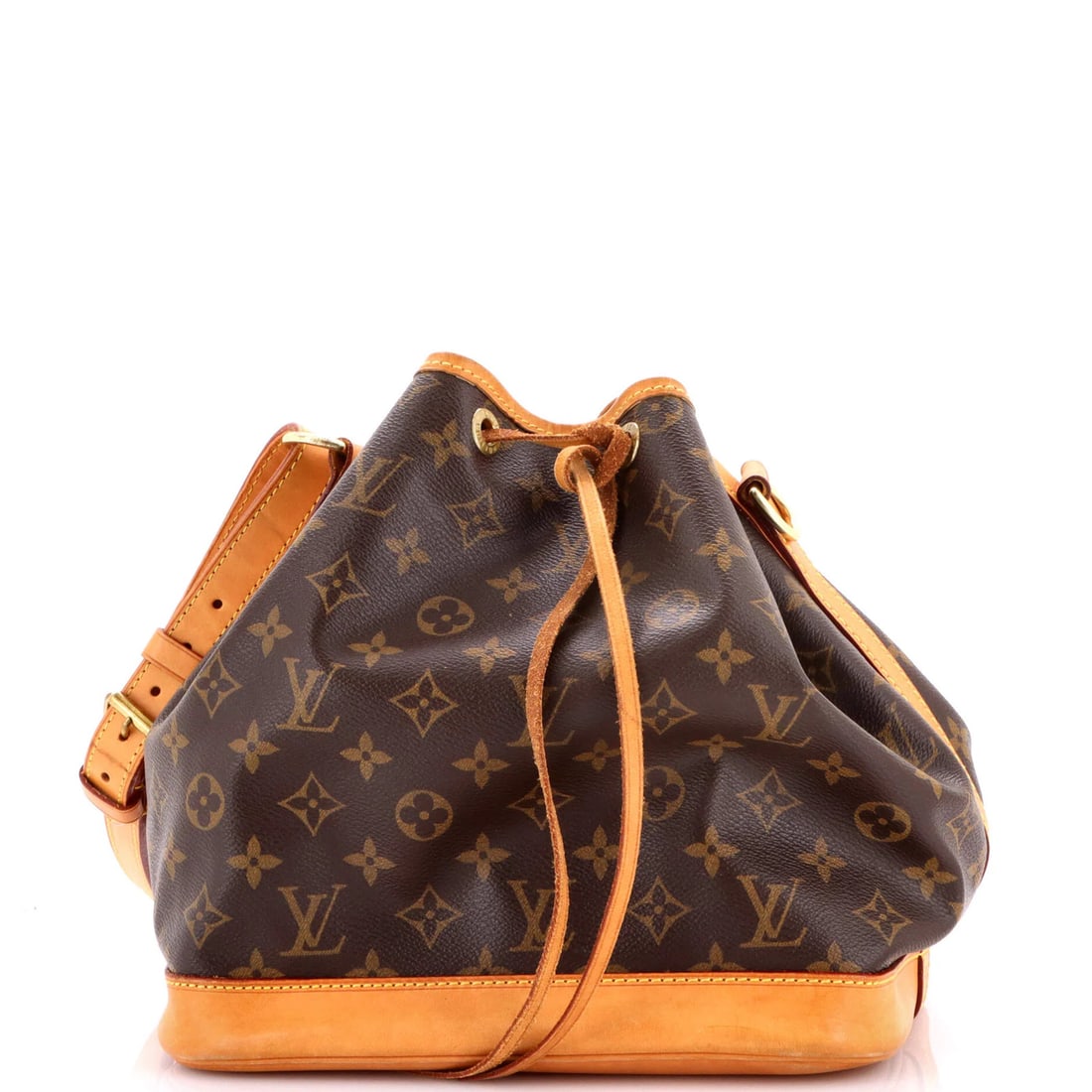 Vuitton Louis Petit Monogram Canvas Handbag NM: Vuitton Louis Petit Monogram Canvas Handbag NM Brown Louis Vuitton Petit Monogram Canvas Handbag with Strap, featuring a classic bucket style and signature monogram pattern, measures 10" tall and 10"