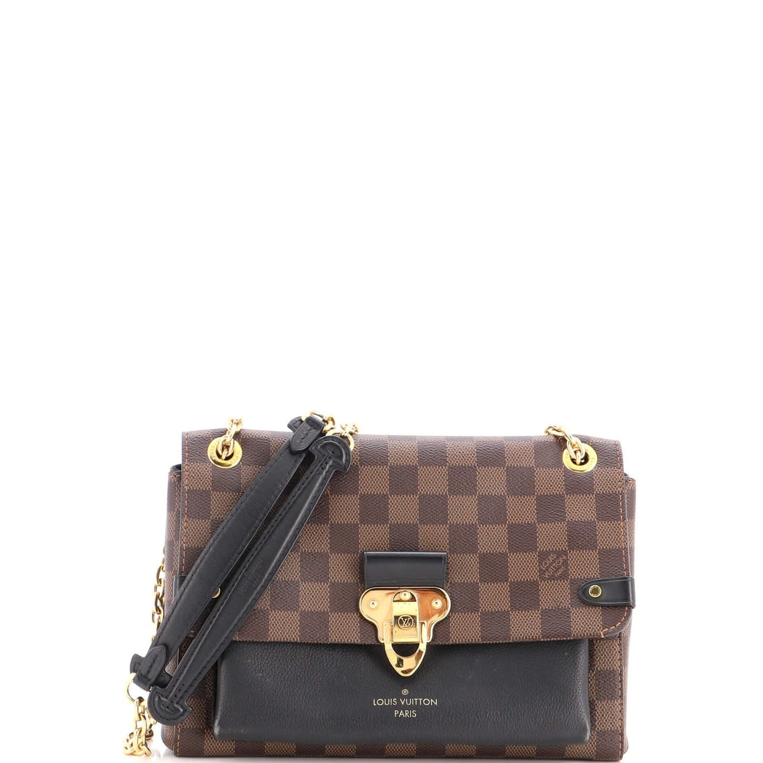 Handbag Damier Leather Louis Vuitton PM Vavin: Handbag Damier Leather Louis Vuitton PM Vavin Black Damier leather Louis Vuitton PM Vavin cross body bag with gold hardware, featuring canvas coated leather exterior and microfiber interior. The bag