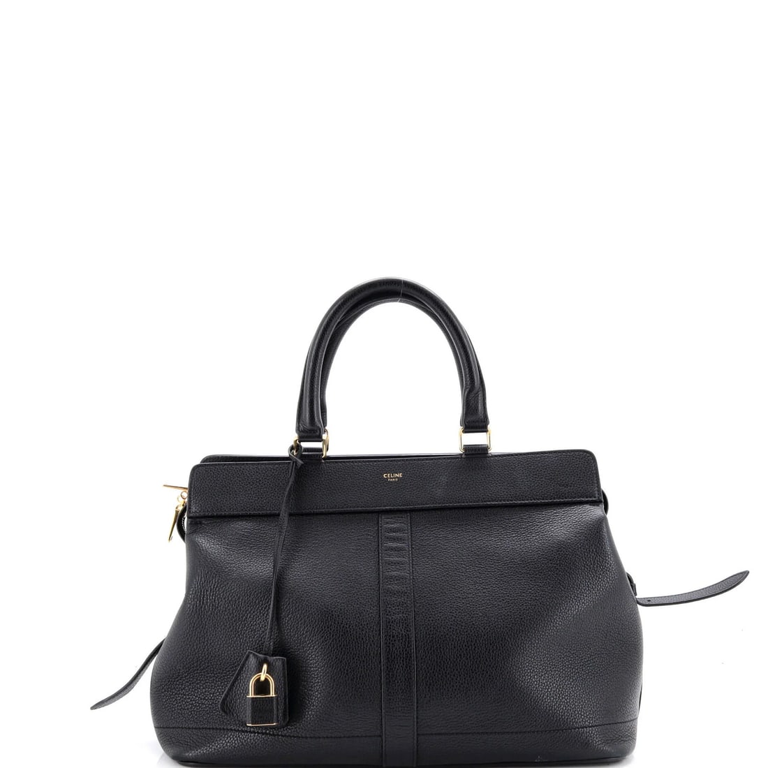 Cabas Celine Leather Tote Medium France: Cabas Celine Leather Tote Medium France Black leather Cabas Celine tote with gold hardware, featuring a medium size and suede interior, measuring 11" high, 14" wide, and 6" deep, with a 5" drop handle
