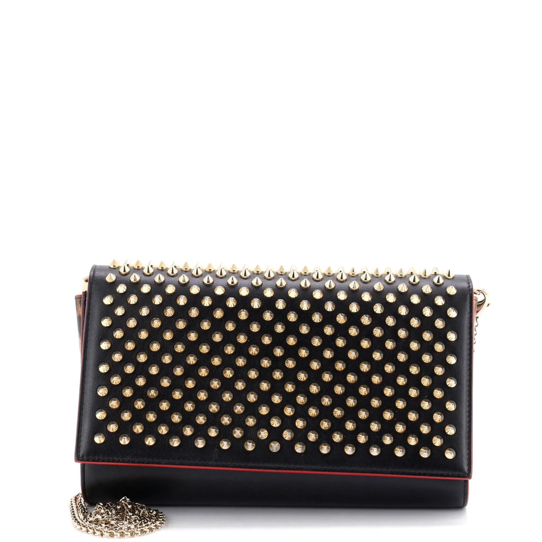 Clutch Leather Spiked Paloma Christian Louboutin: Clutch Leather Spiked Paloma Christian Louboutin Black leather with metal details, the Paloma Christian Louboutin clutch features a striking spiked design. With a handle drop of 23" and a strap drop