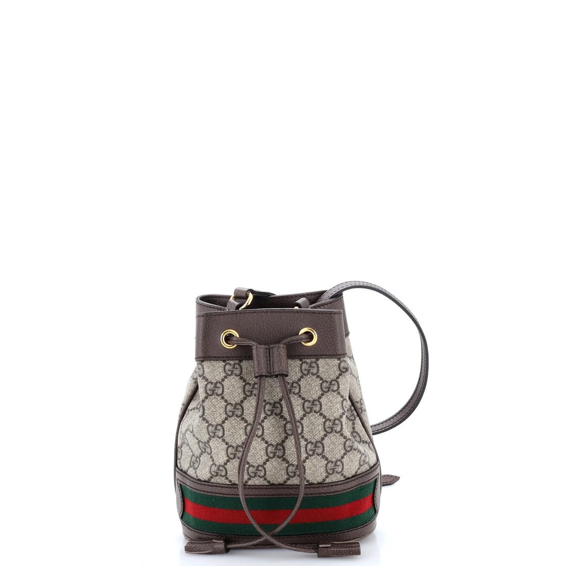Gucci Bucket Bag GG Coated Canvas Mini: Gucci Bucket Bag GG Coated Canvas Mini Brown Gucci Ophidia Bucket Bag GG Coated Canvas Mini with Neutral Microfiber Interior and Gold Hardware, featuring minor creases on exterior and interior, and a