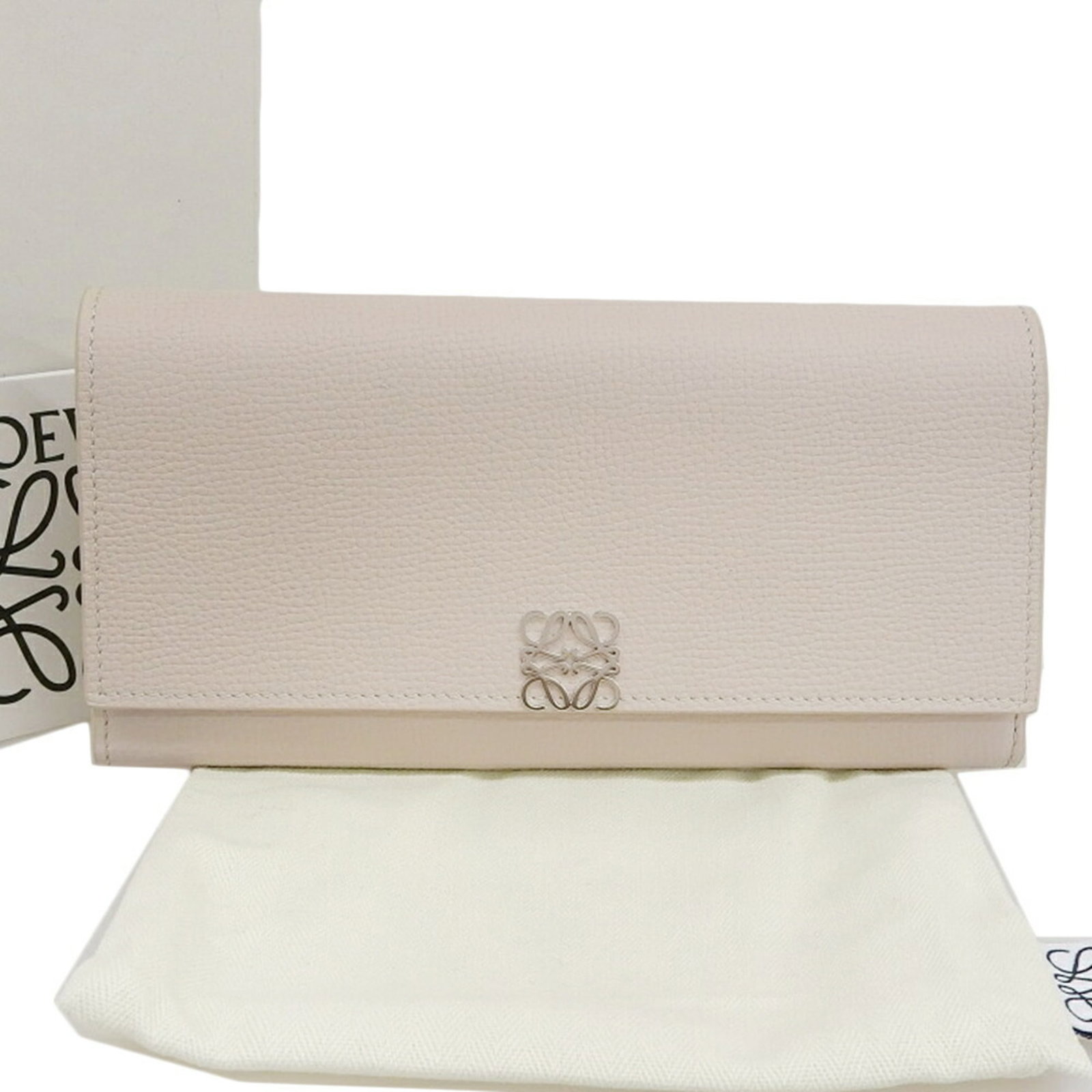 Leather Bi Fold Long Wallet: Leather Bi Fold Long Wallet Leather bi-fold long wallet from Loewe, featuring a classic design with a beige and light gray color combination. Made from high-quality leather, this wallet measures 9.5cm