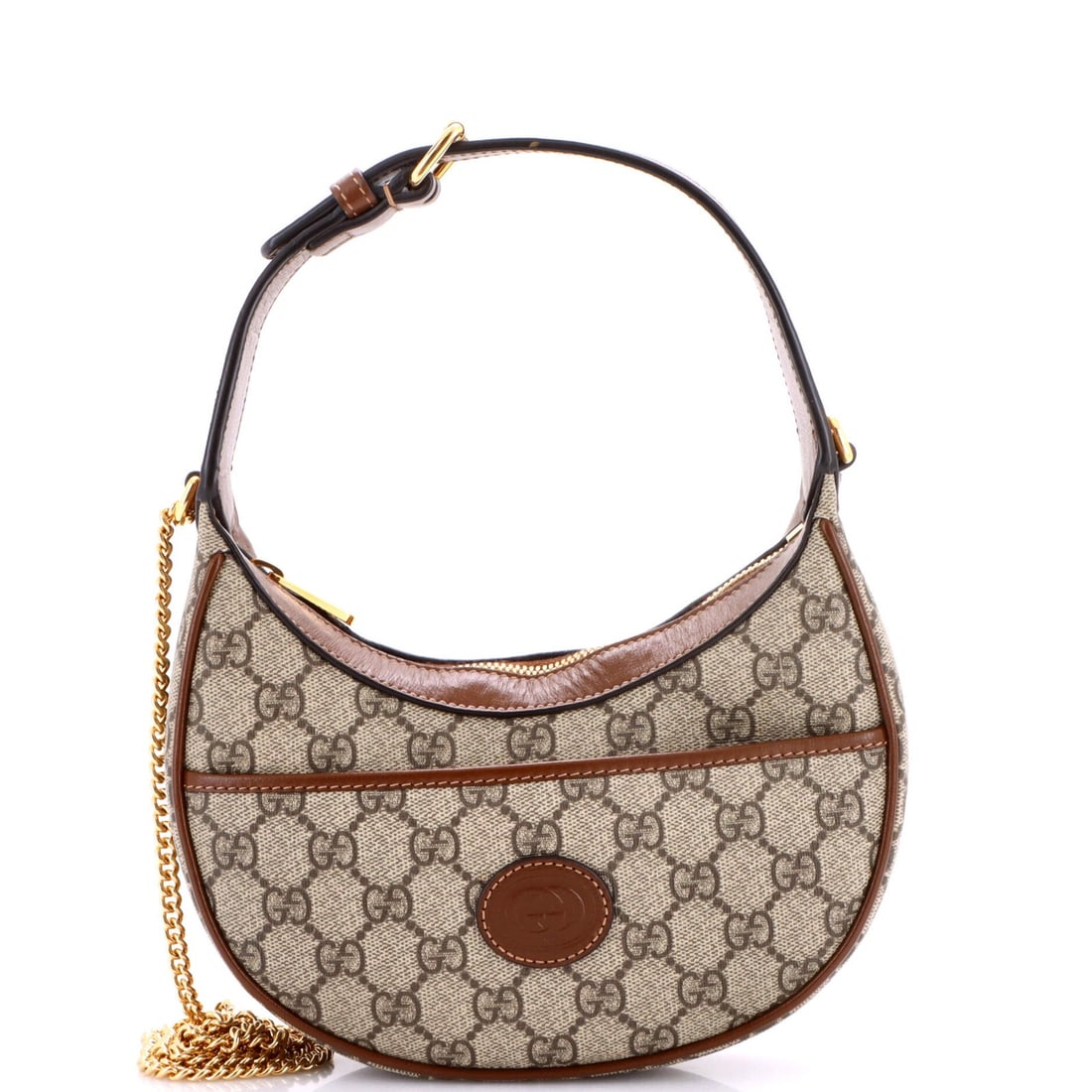 Mini GG Coated Canvas Hobo Patch Interlocking Moon Half Gucci: Mini GG Coated Canvas Hobo Patch Interlocking Moon Half Gucci Mini GG Coated Canvas Hobo Patch Interlocking Moon Half Gucci in Brown. This mini Gucci hobo features a canvas coated exterior with a GG