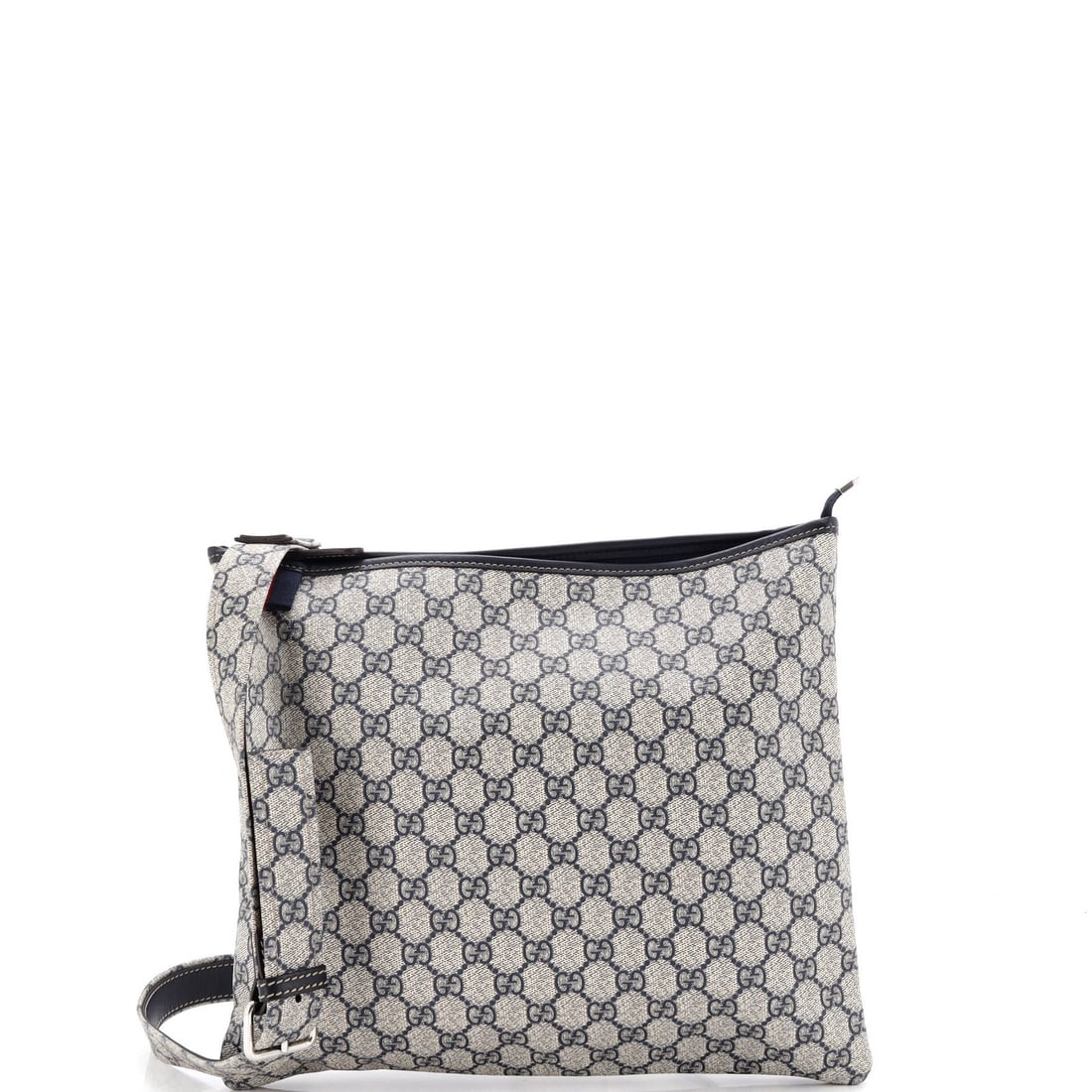 Flat Large Canvas Coated Messenger GG Gucci Web Loop: Flat Large Canvas Coated Messenger GG Gucci Web Loop Blue Large Canvas Coated Messenger Bag with Web Loop Flat Style, featuring a spacious interior and silver hardware. The bag has a classic GG Gucci 