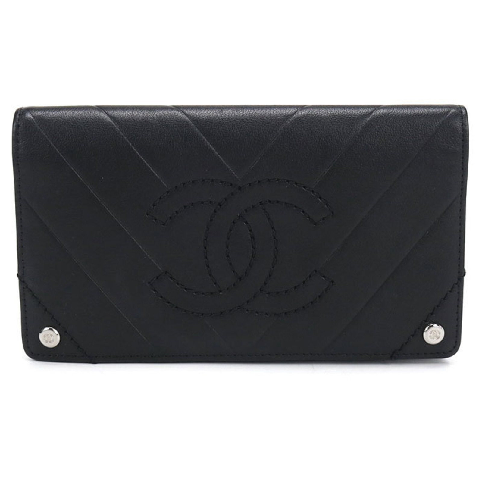 Chanel Long Wallet (Bi-Fold) Leather: Chanel Long Wallet (Bi-Fold) Leather The Chanel Long Wallet (Bi-Fold) Leather is a sleek and sophisticated accessory, featuring a classic bi-fold design with a black leather exterior. Measuring