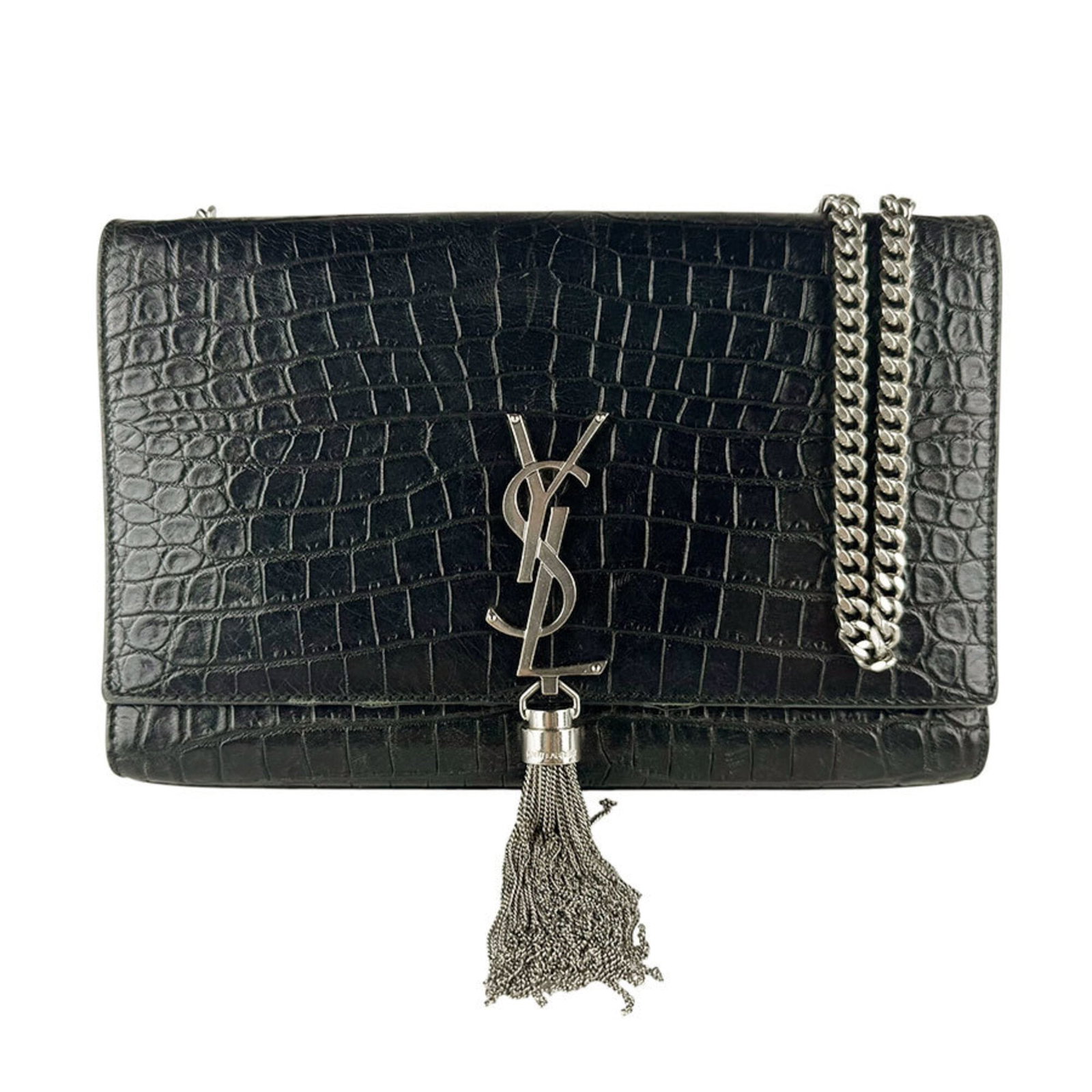 Laurent Saint Bag Leather Shoulder: Laurent Saint Bag Leather Shoulder Black embossed leather shoulder bag from Saint Laurent, Italy, with dimensions 16cm x 24cm x 5cm. This sleek and sophisticated bag features a classic design with a