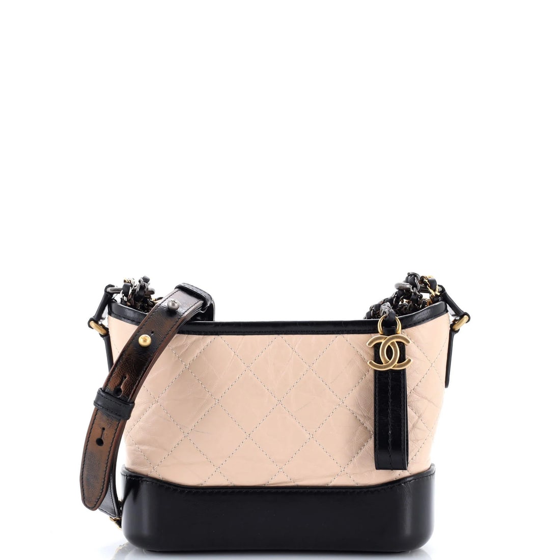 Calfskin Quilted Aged Small Hobo By Gabrielle Chanel: Calfskin Quilted Aged Small Hobo By Gabrielle Chanel Calfskin quilted Aged Small Hobo by Gabrielle Chanel boasts a neutral exterior with subtle stains and minor scuffs, adding a touch of vintage