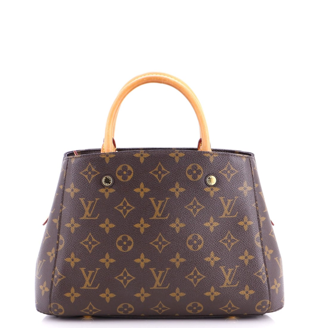 Montaigne Handbag Louis Vuitton Canvas Monogram BB: Montaigne Handbag Louis Vuitton Canvas Monogram BB Brown Louis Vuitton Canvas Monogram BB Handbag with Gold Hardware and Red Microfiber Interior. This Montaigne Handbag features a classic top handle