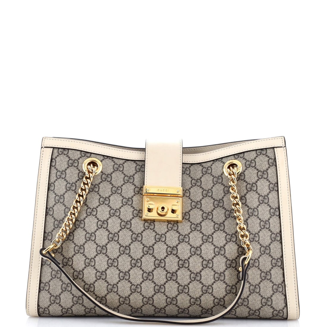 Chain Tote Padlock Gucci Medium Coated Canvas with Leather: Chain Tote Padlock Gucci Medium Coated Canvas with Leather Chain Tote Padlock Gucci Medium Coated Canvas with Leather. This medium-sized Gucci tote features a unique chain padlock closure and is made 