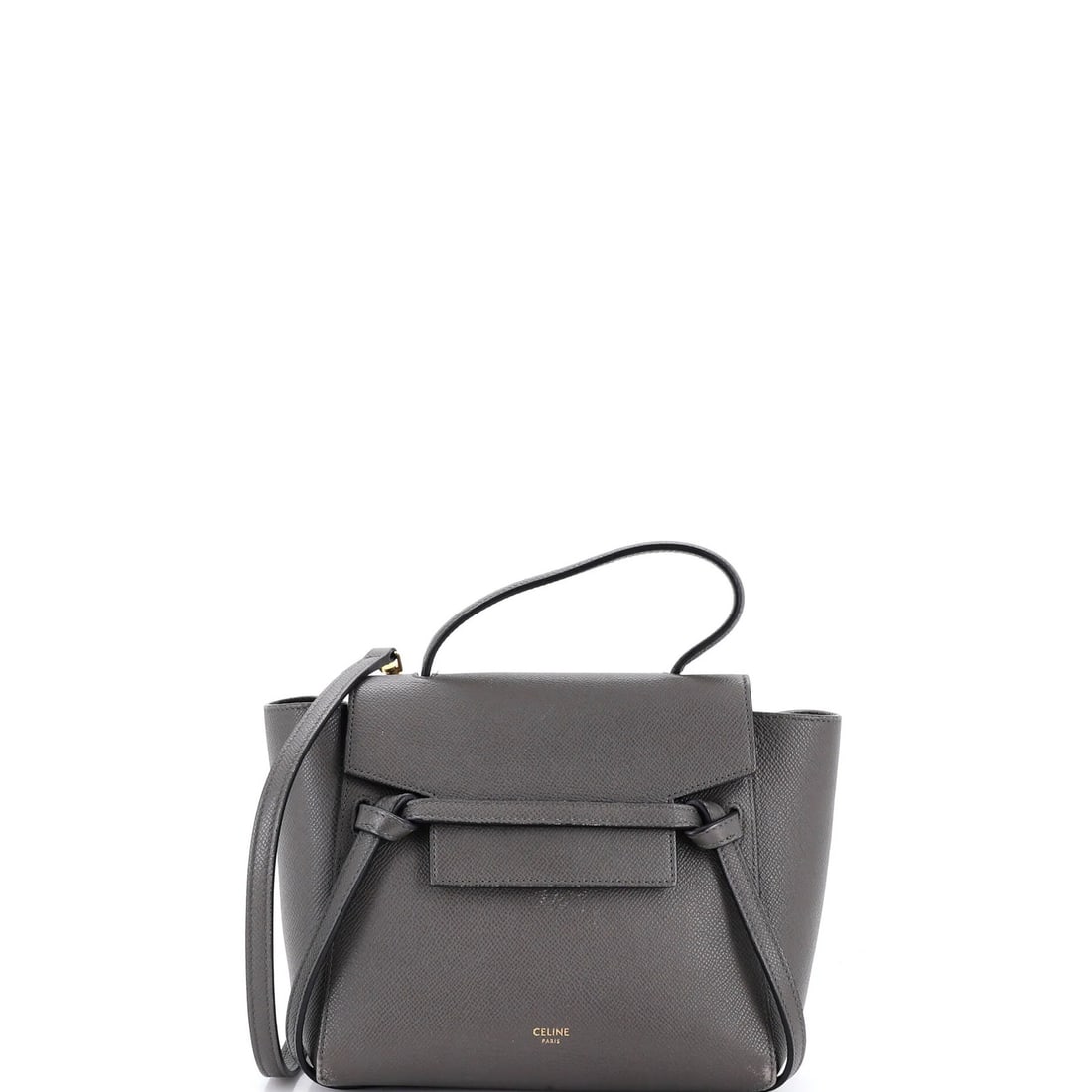 Nano Celine Belt Bag Textured Leather: Nano Celine Belt Bag Textured Leather Gray textured leather Celine Nano Belt Bag with 8" x 8" x 4" dimensions, 3" drop handle, and 19-22" adjustable strap. The bag features minor creases on the