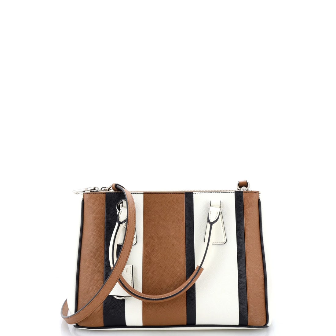 Double Zip Lux Tote Small Saffiano Leather Striped Prada: Double Zip Lux Tote Small Saffiano Leather Striped Prada Small Saffiano Leather Striped Prada Double Zip Lux Tote with a unique multicolor exterior and gold hardware, featuring a classic striped desig