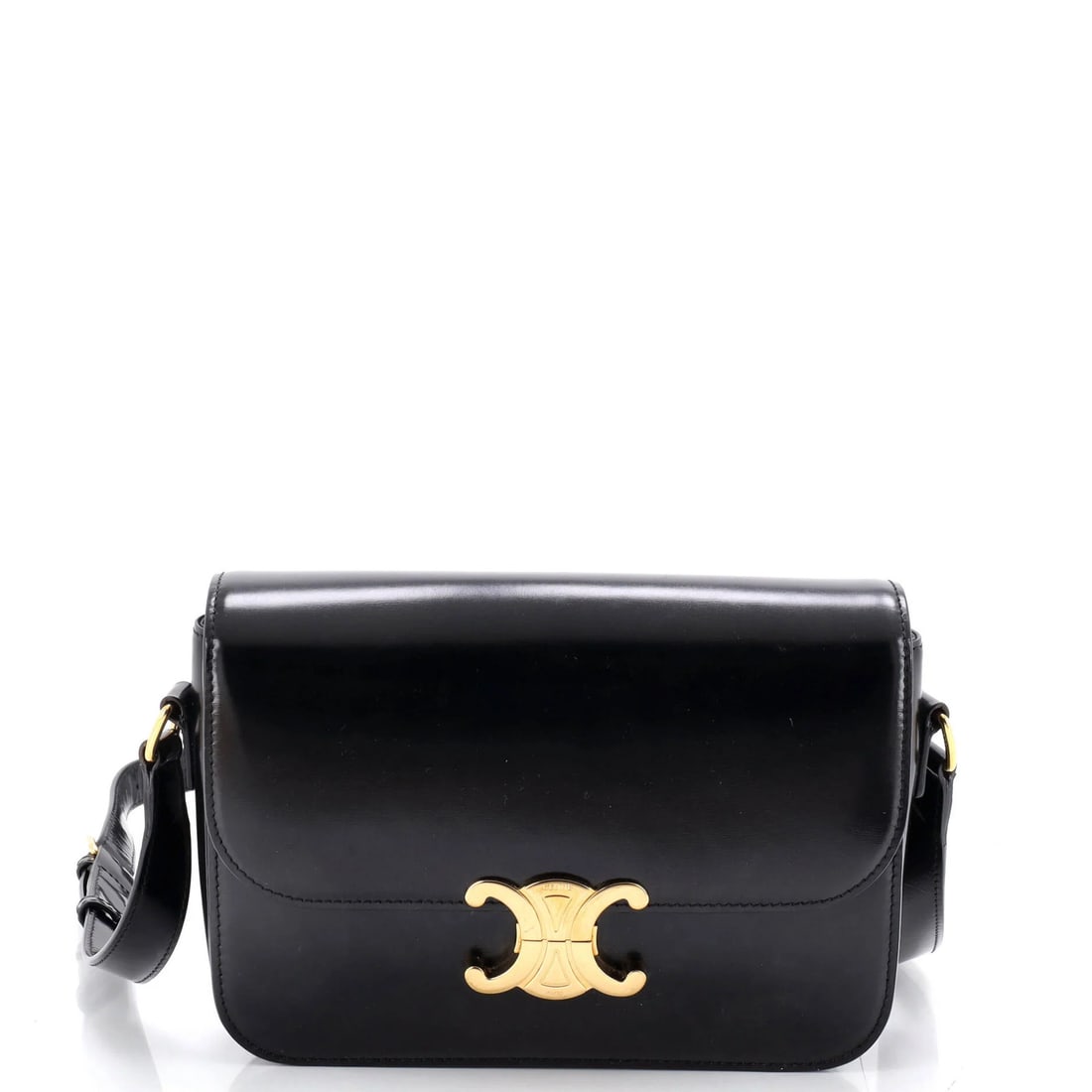 Calfskin Shoulder Bag Smooth Medium Triomphe Celine: Calfskin Shoulder Bag Smooth Medium Triomphe Celine Black Calfskin Triomphe Shoulder Bag with Smooth Exterior, featuring a medium size and gold hardware. The bag has a classic cross body design with