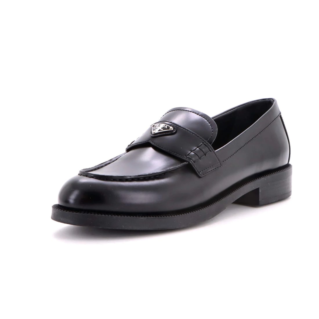 Women's Triangle Logo Loafers Spazzolato Leather Prada: Women's Triangle Logo Loafers Spazzolato Leather Prada Black Spazzolato Leather Prada Women's Triangle Logo Loafers, US Size 11, feature a sleek and sophisticated design with a signature triangle
