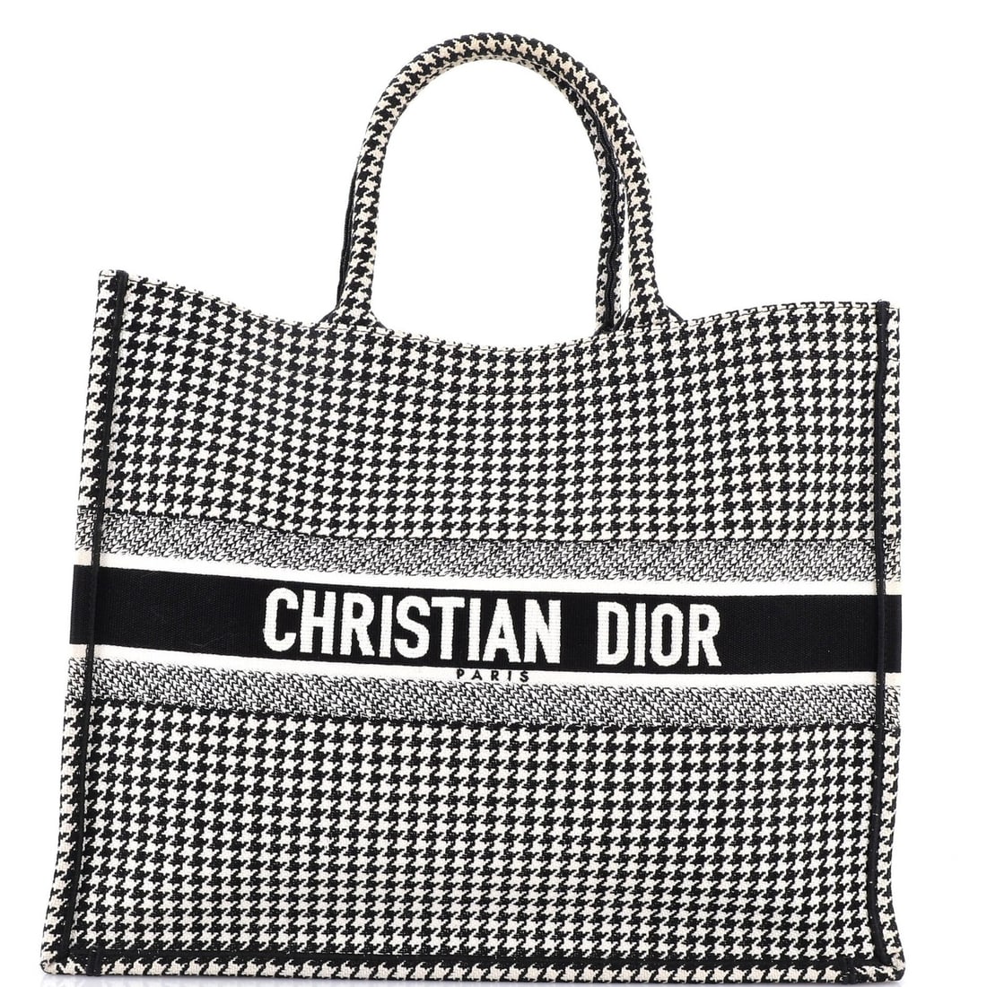 Dior Canvas Houndstooth Christian Large Book Tote: Dior Canvas Houndstooth Christian Large Book Tote The Dior Canvas Houndstooth Christian Large Book Tote boasts a striking black houndstooth canvas exterior, with a classic tote design that exudes