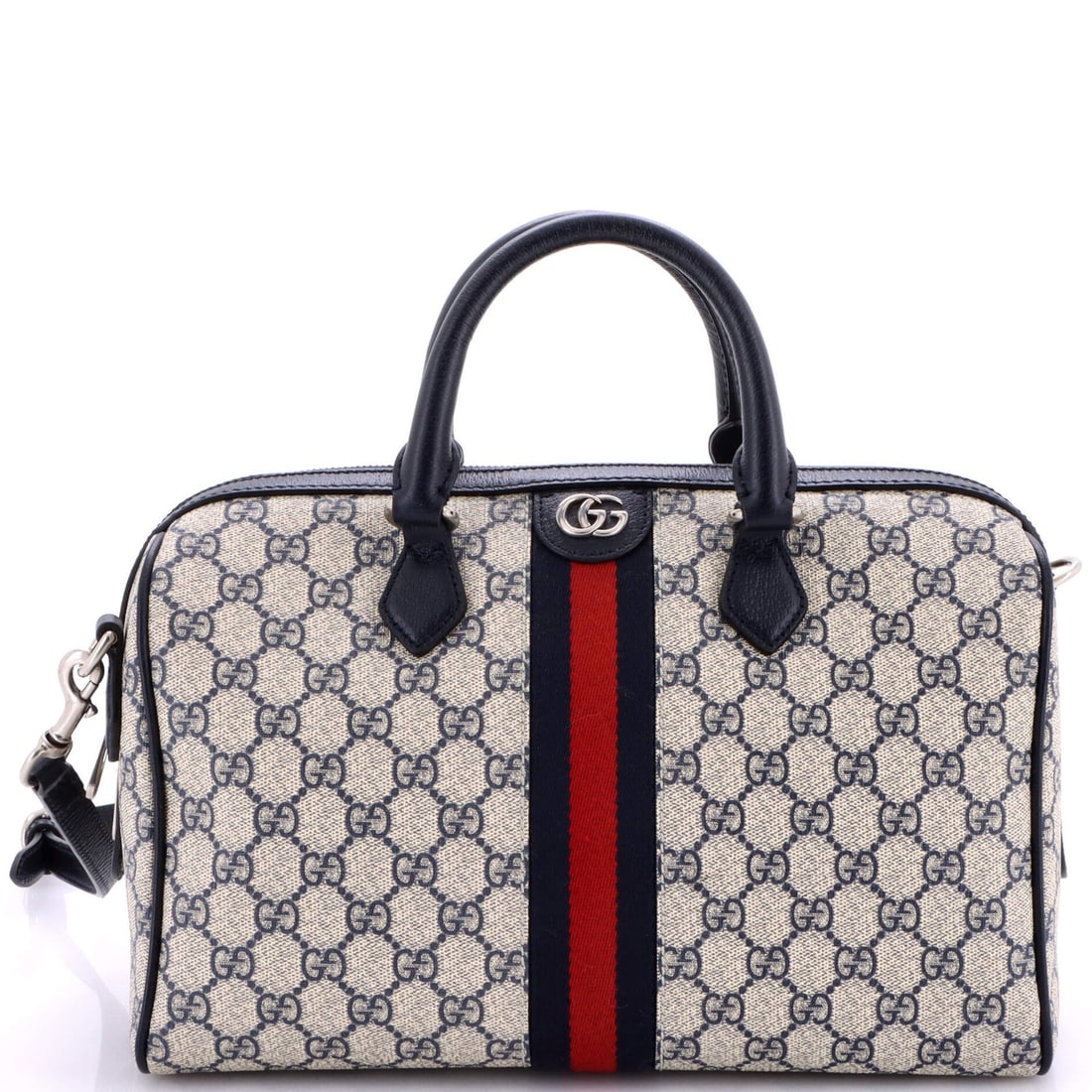 Convertible Boston Medium Ophidia Gucci Coated GG Canvas Bag: Convertible Boston Medium Ophidia Gucci Coated GG Canvas Bag The Convertible Boston Medium Ophidia Gucci Coated GG Canvas Bag boasts a sleek blue exterior with a canvas coated finish, complemented by 