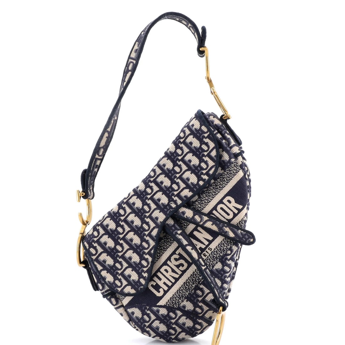 Dior Logo Saddle Handbag Medium Christian Canvas Oblique Embroidered: Dior Logo Saddle Handbag Medium Christian Canvas Oblique Embroidered Blue canvas medium saddle handbag with oblique embroidered logo, featuring gold hardware and minor fraying, creases, and