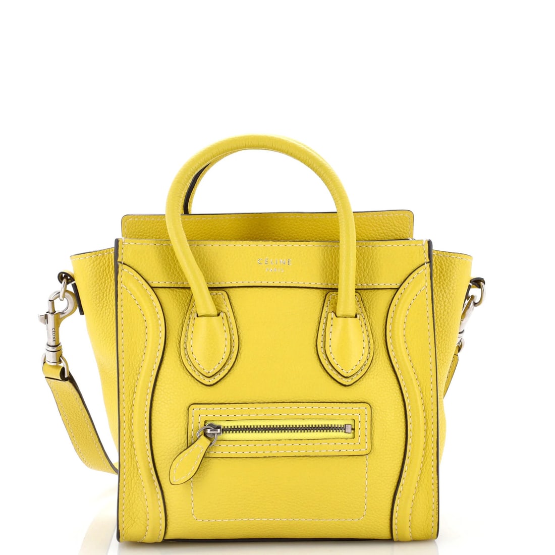 Luggage Bag Grainy Leather Nano Celine: Luggage Bag Grainy Leather Nano Celine Yellow Grainy Leather Nano Celine Cross Body Bag with Strap. Measuring 3" drop, 8" height, 7.5" width, and 4" depth, this nano-sized bag features a grainy