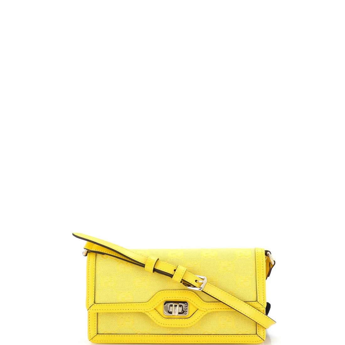 Luce Canvas GG Shoulder Bag Mini Gucci: Luce Canvas GG Shoulder Bag Mini Gucci Yellow canvas GG shoulder bag with a mini size, standing 4" tall, 8" wide, and 2" deep. The exterior features a plain canvas material and a bright yellow color,