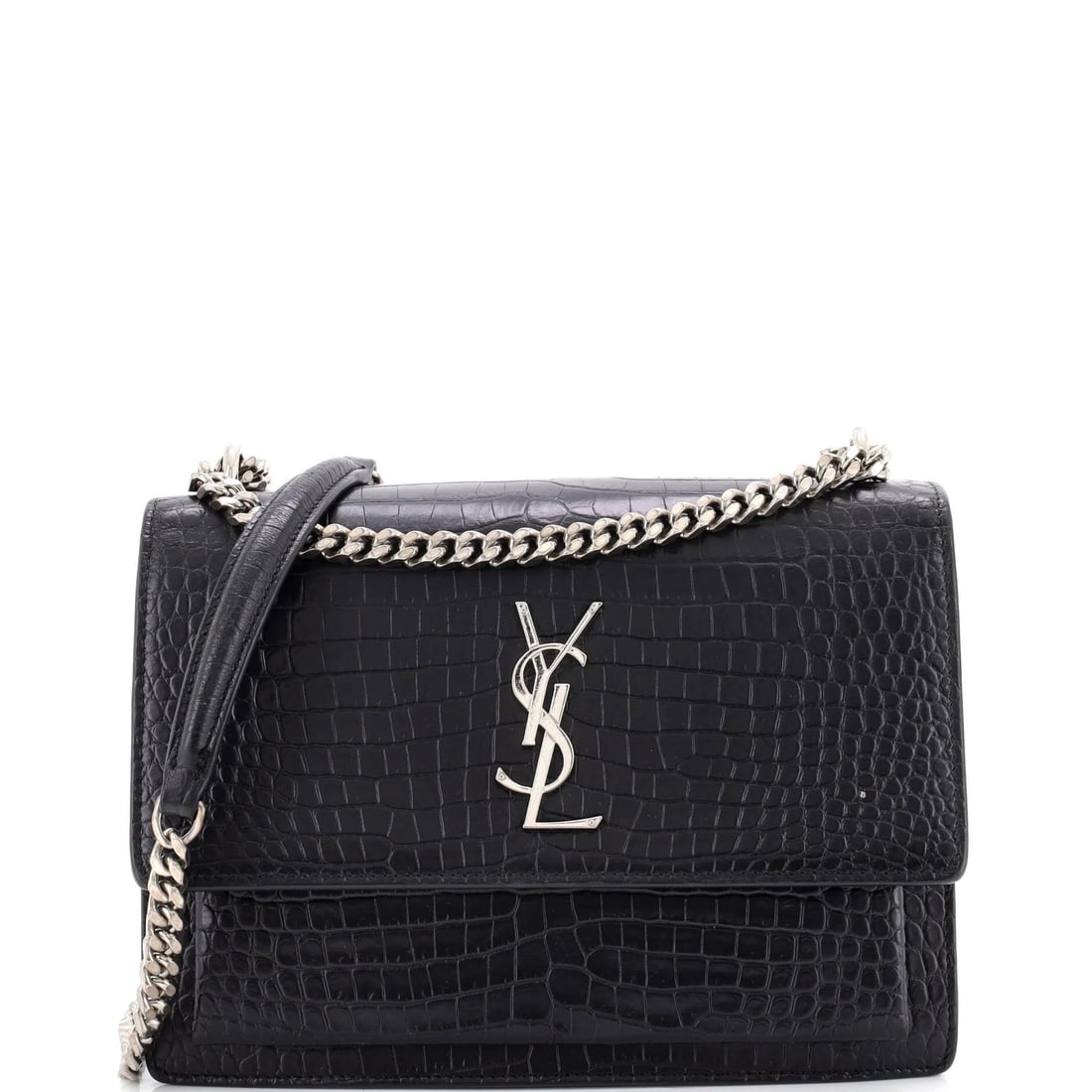 Laurent Saint Crocodile Embossed Leather Medium Crossbody Bag: Laurent Saint Crocodile Embossed Leather Medium Crossbody Bag Black crocodile embossed leather medium crossbody bag with silver hardware, featuring suede interior and minor scuffs on exterior and