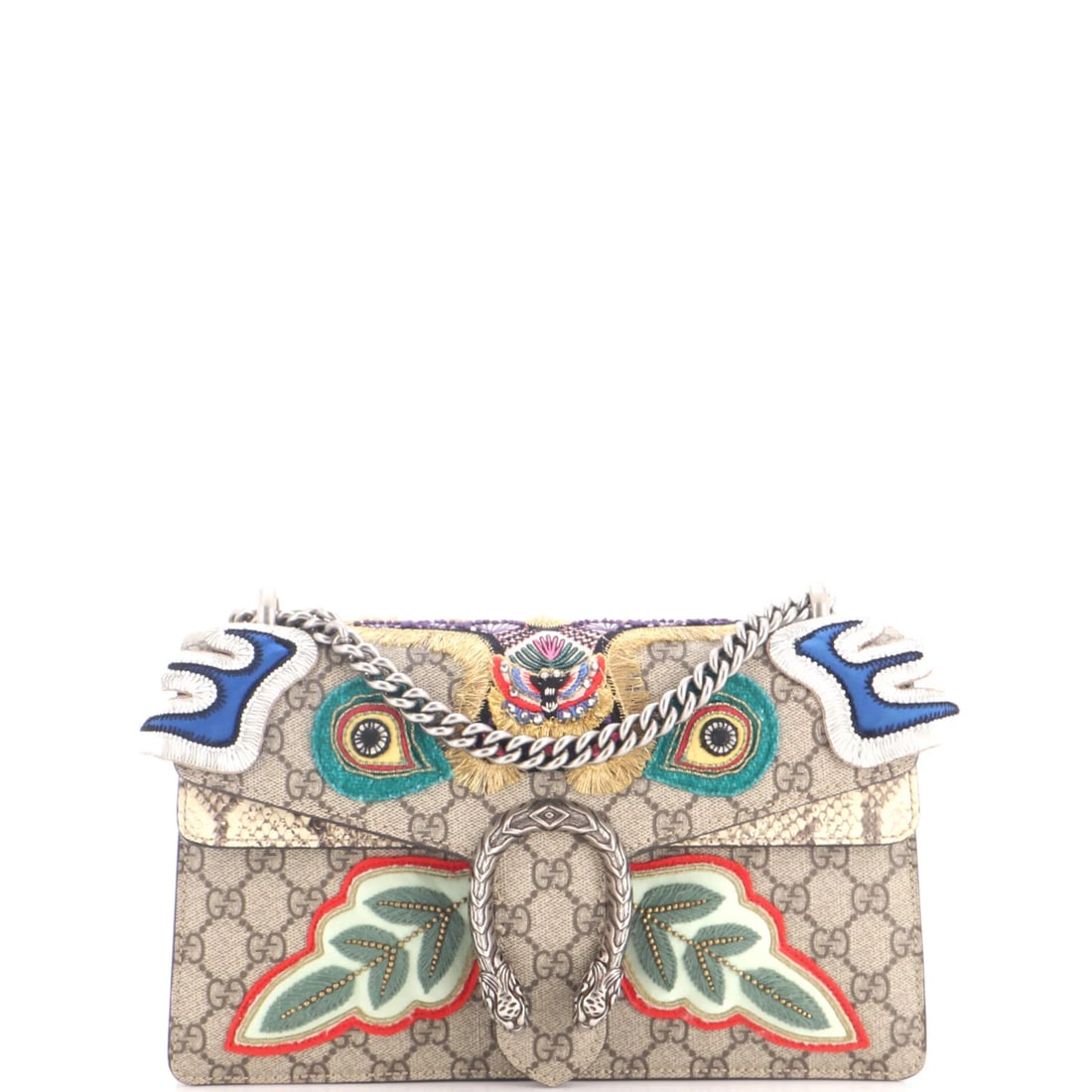 Bag Embroidered Canvas with Python Small Dionysus Coated Gucci GG: Bag Embroidered Canvas with Python Small Dionysus Coated Gucci GG Bag Embroidered Canvas with Python Small Dionysus Coated Gucci GG features a rich brown exterior with a python and canvas coated
