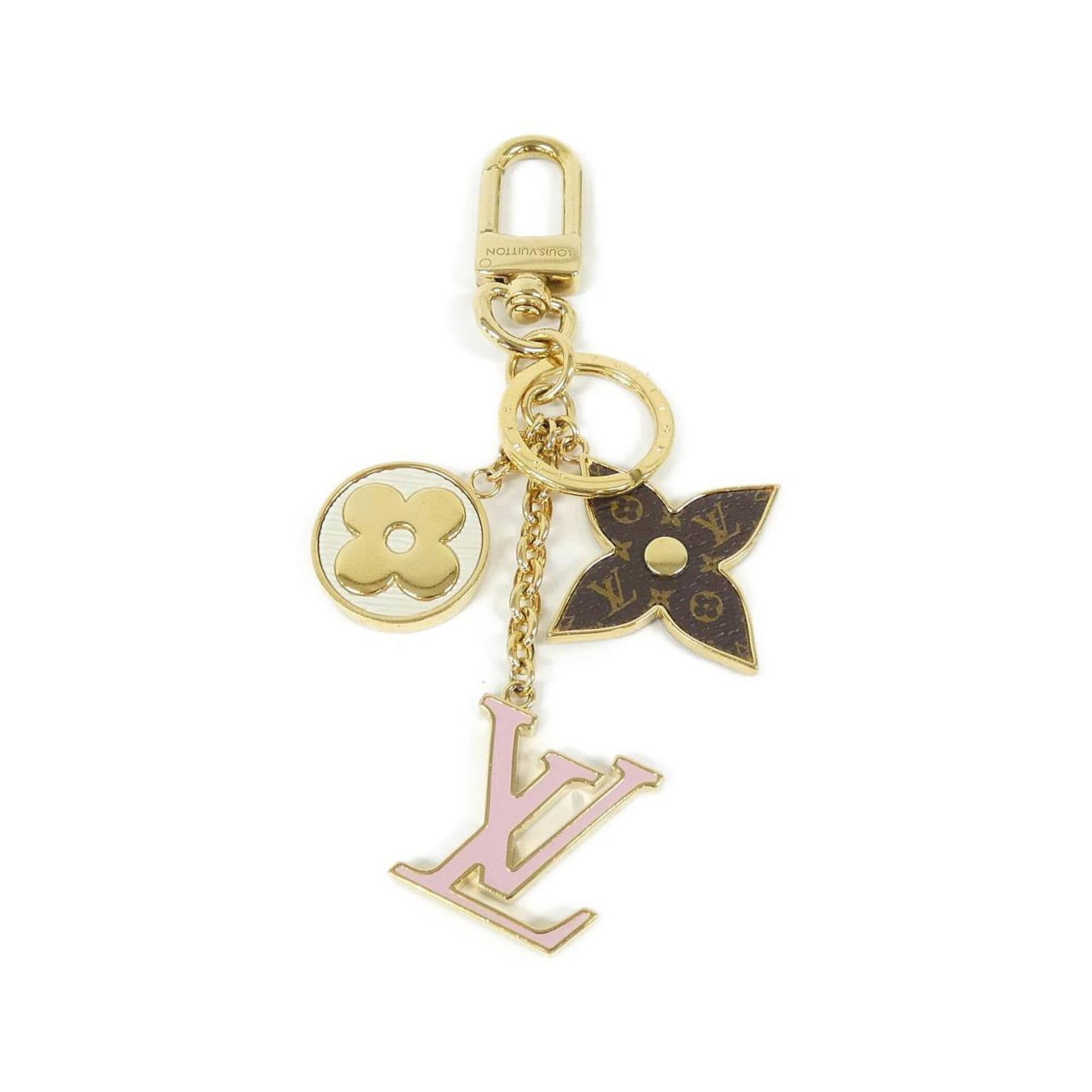 Keyring from Louis Vuitton: Keyring from Louis Vuitton Gold, Marron, and Rose keyrings are available from Louis Vuitton. The keyring is a type of accessory from the brand MPN M01187. It is made in the colors of gold, marron,