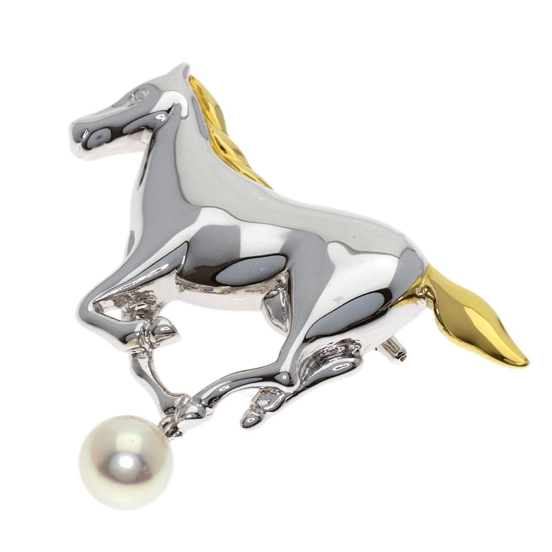 Pearl Brooch Motif Horse Silver Mikimoto: Pearl Brooch Motif Horse Silver Mikimoto Silver Mikimoto brooch features a gold pearl motif horse design. The brooch is made of silver with a gold exterior color. It bears a signature. Item