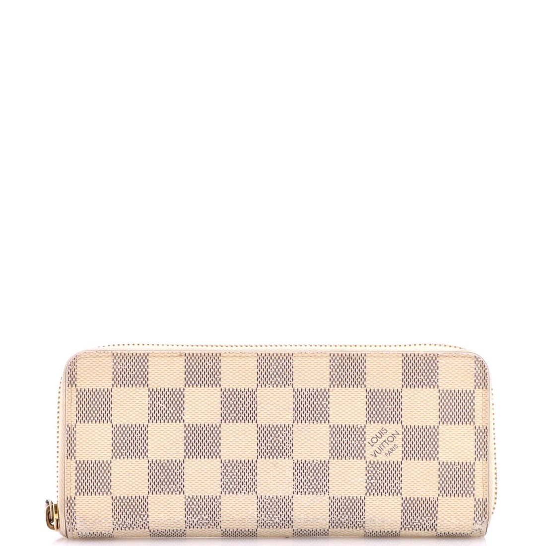 Vuitton Louis Clemence Damier Wallet: Vuitton Louis Clemence Damier Wallet White canvas-coated Louis Vuitton Clemence Damier wallet with pink leather interior, gold hardware, and moderate wear and scuffs. The wallet measures 4" in height,