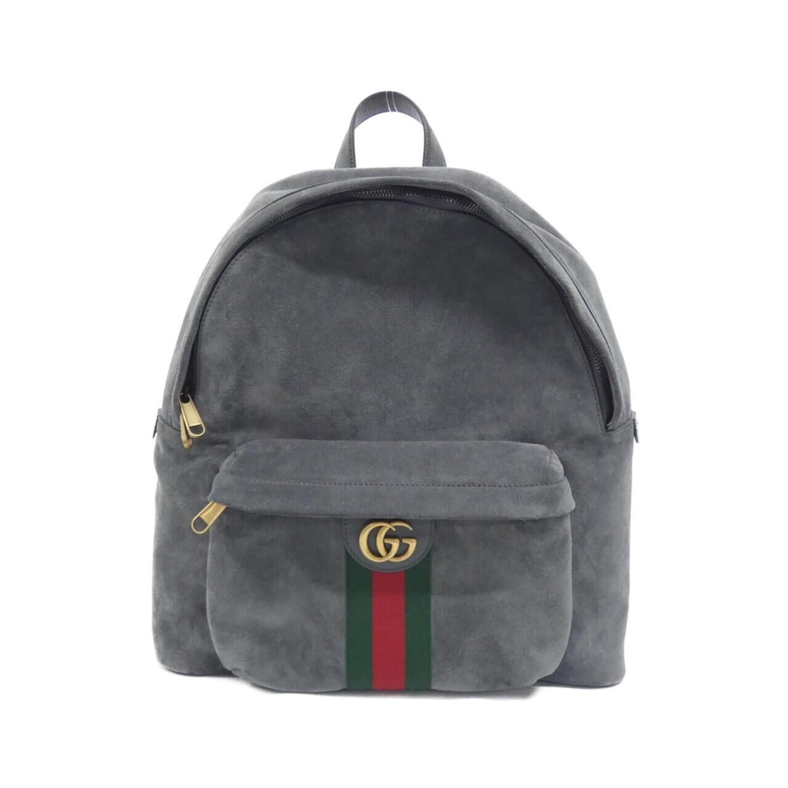 Gucci Suede Backpack: Gucci Suede Backpack Suede backpack from Gucci's Ophidia line, featuring a gray color and gold hardware. Made from high-quality suede material, this backpack measures 41cm x 36.5cm x 18cm and weighs 1