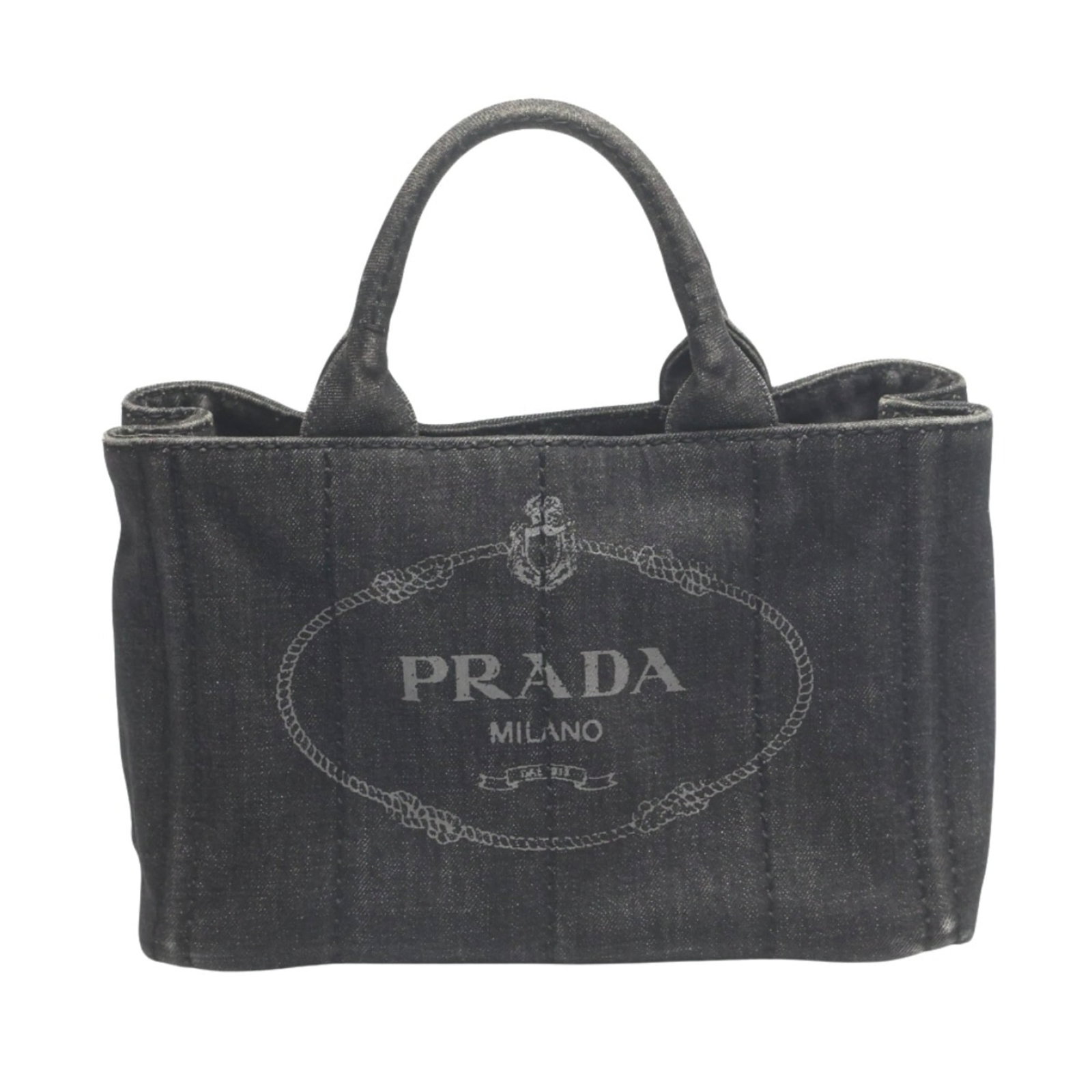 Denim Tote Bag Prada: Denim Tote Bag Prada Denim tote bag from Prada, made from high-quality denim, features a sleek black design with a dust bag and adjustable shoulder strap for easy carrying. The bag measures 19cm x