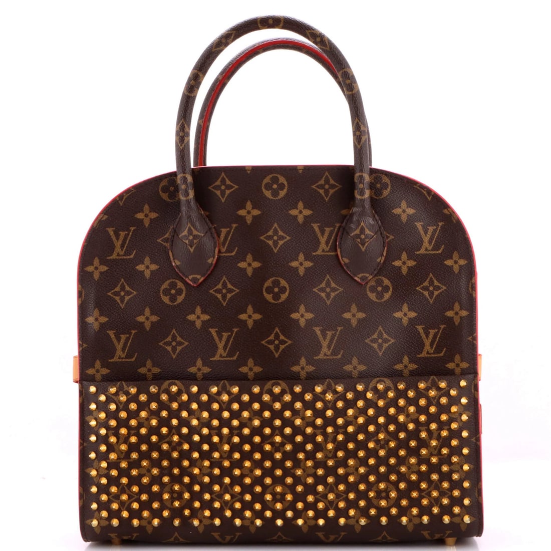 Christian Louboutin Louis Vuitton Calf Hair Monogram Canvas Shopping Bag: Christian Louboutin Louis Vuitton Calf Hair Monogram Canvas Shopping Bag Calf hair and monogram canvas make up the exterior of this Louis Vuitton shopping bag, with a distinctive red color adding a