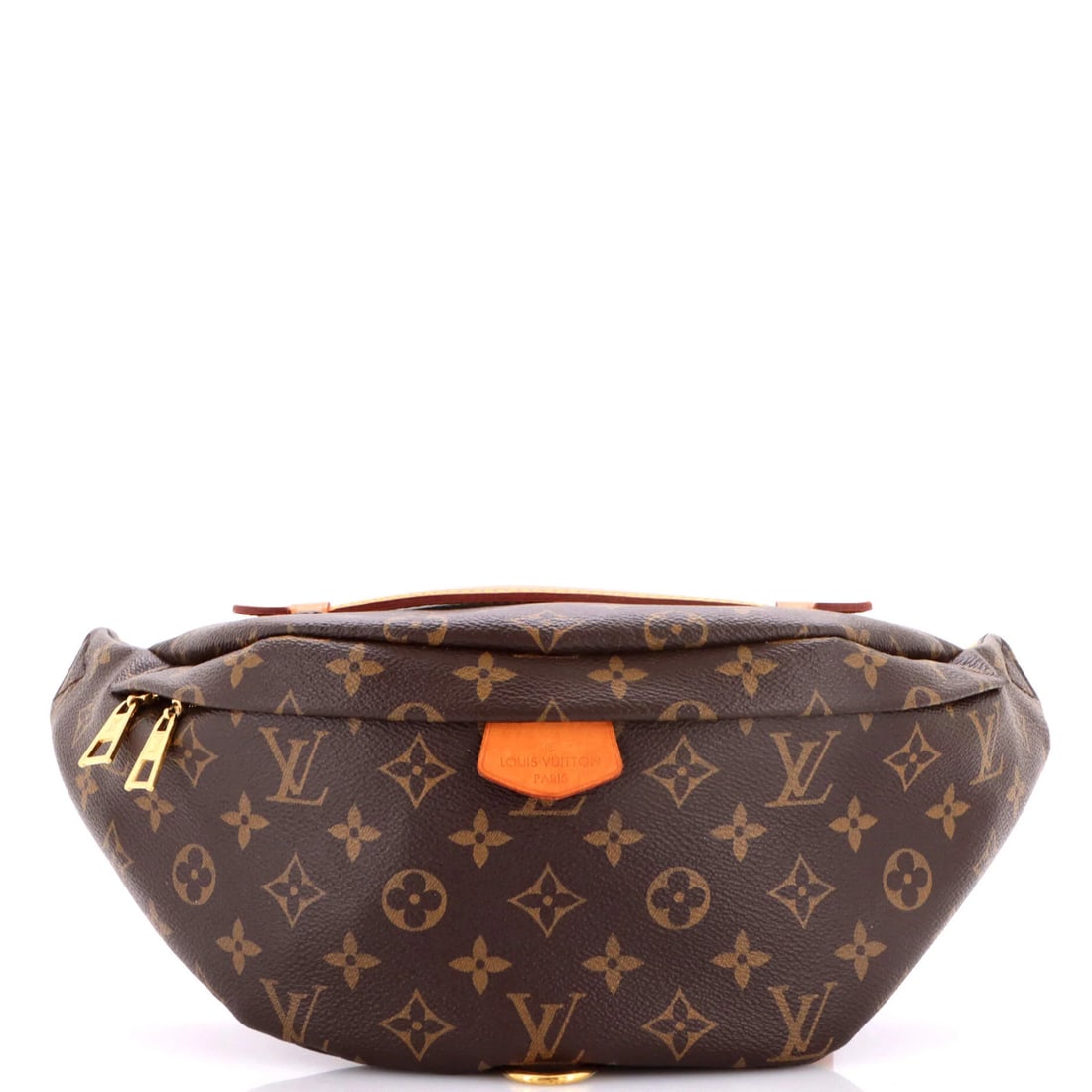 Vuitton Louis Monogram Bag Canvas Bum: Vuitton Louis Monogram Bag Canvas Bum Brown Louis Vuitton Bum Bag with Monogram Canvas Exterior, featuring a classic design and signature gold hardware. The bag has a worn, vintage look with creases,