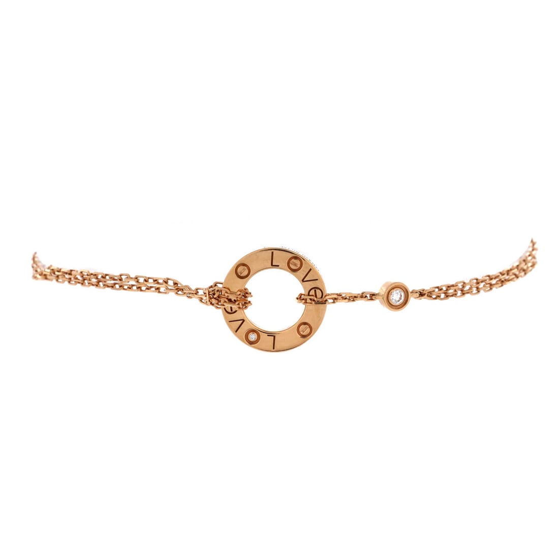 Diamonds 2 Love Cartier 18K Rose Gold with Diamonds: Diamonds 2 Love Cartier 18K Rose Gold with Diamonds Cartier 18K Rose Gold 2 Diamond Love Bracelet in Excellent Condition. This beautiful 18K rose gold bracelet features two stunning diamonds and is