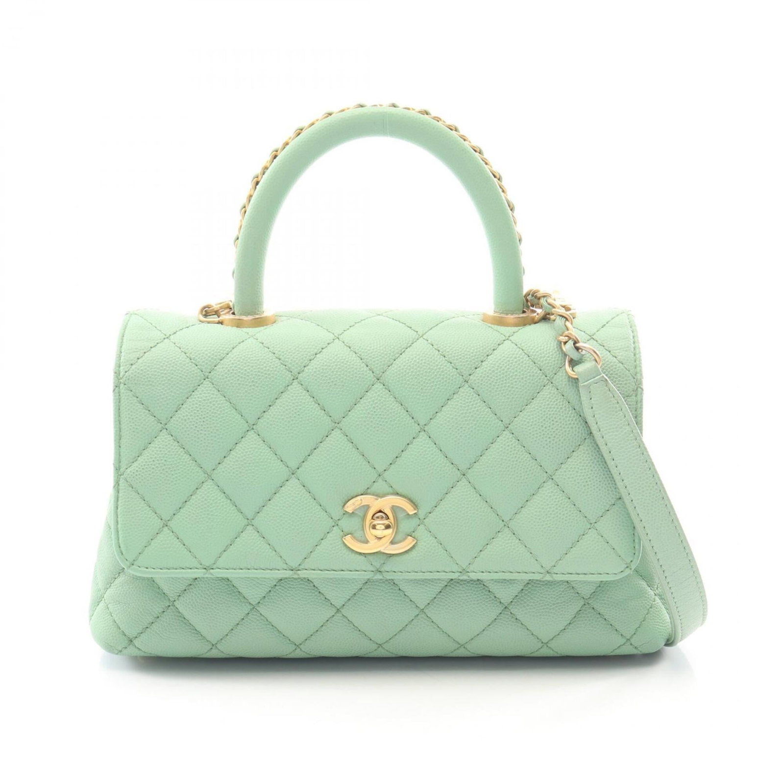 Calfskin Handbag Chanel: Calfskin Handbag Chanel Calfskin Handbag Chanel boasts a striking green hue, complemented by gold hardware that adds a touch of luxury. Measuring 15cm x 23cm x 9cm, this handbag is a compact yet