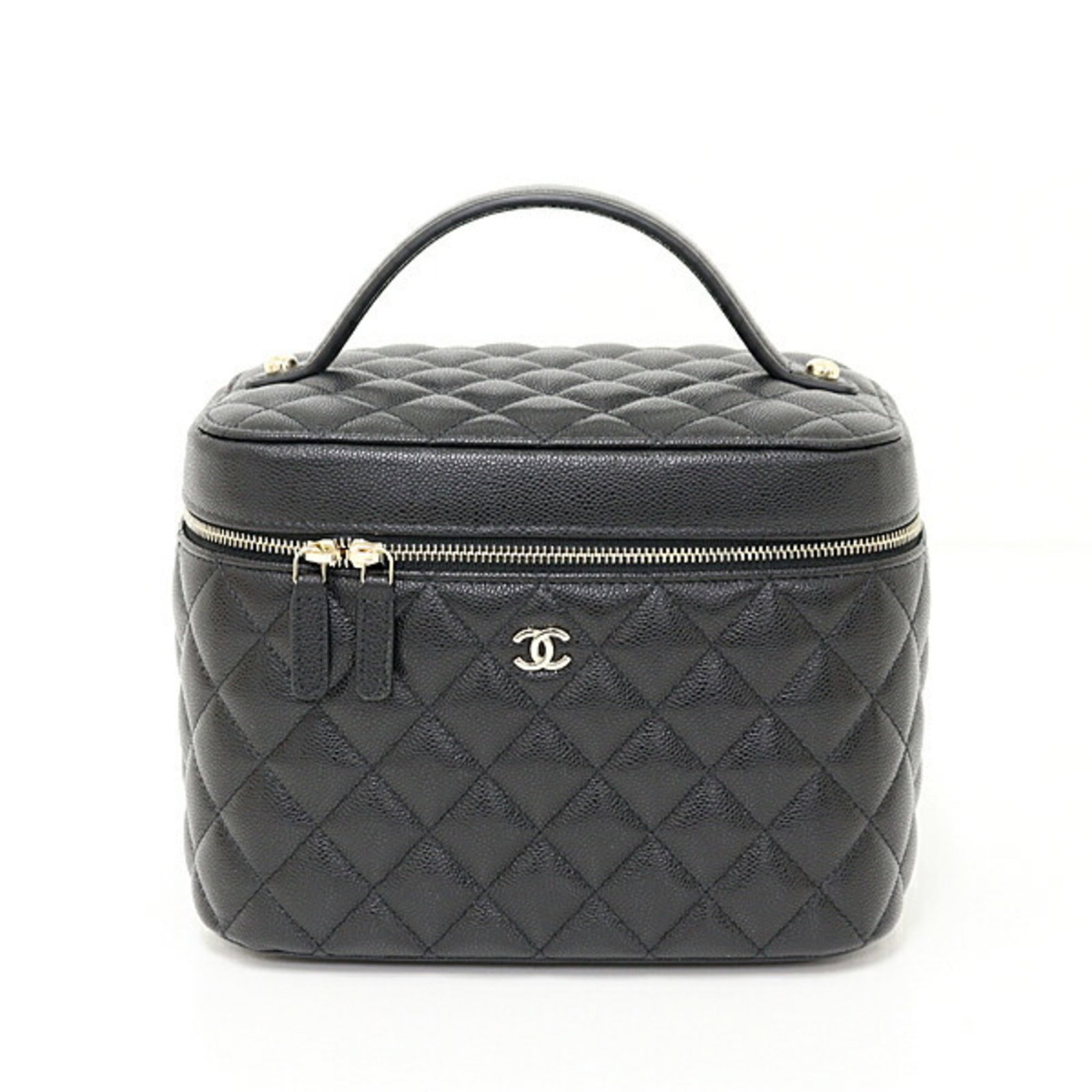 Vanity Bag Chanel Handbag Grained Calfskin: Vanity Bag Chanel Handbag Grained Calfskin Black Grained Calfskin Chanel AP2573 Vanity Bag with gold hardware and a zipper closure, presented in its original box, dust bag, and mirror, is a stylish