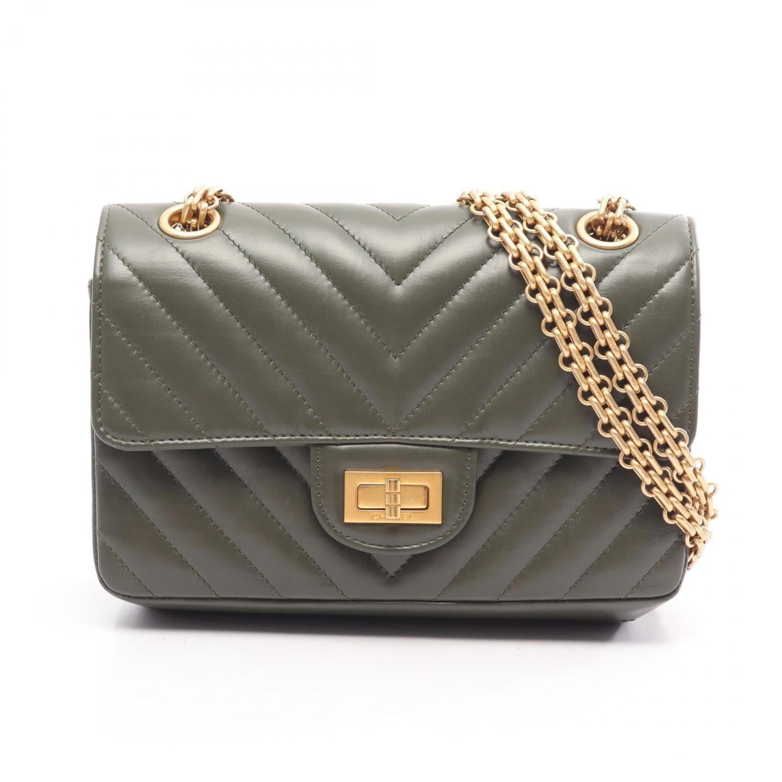 Shoulder Bag Leather Handbag Chanel: Shoulder Bag Leather Handbag Chanel Calfskin leather construction provides a luxurious feel, while the khaki color offers a subtle, versatile tone. The gold hardware adds a touch of sophistication, co