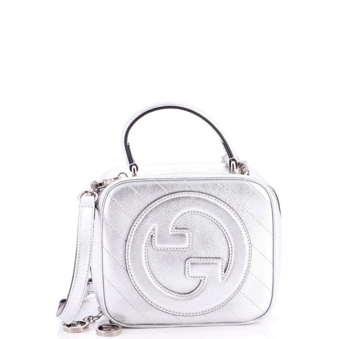 Blondie NM Gucci Top Shoulder Bag Quilted Leather Diagonal Handle: Blondie NM Gucci Top Shoulder Bag Quilted Leather Diagonal Handle Silver Metallic Gucci Top Handle Shoulder Bag with Quilted Leather Exterior and Neutral Interior, featuring a diagonal quilted design 