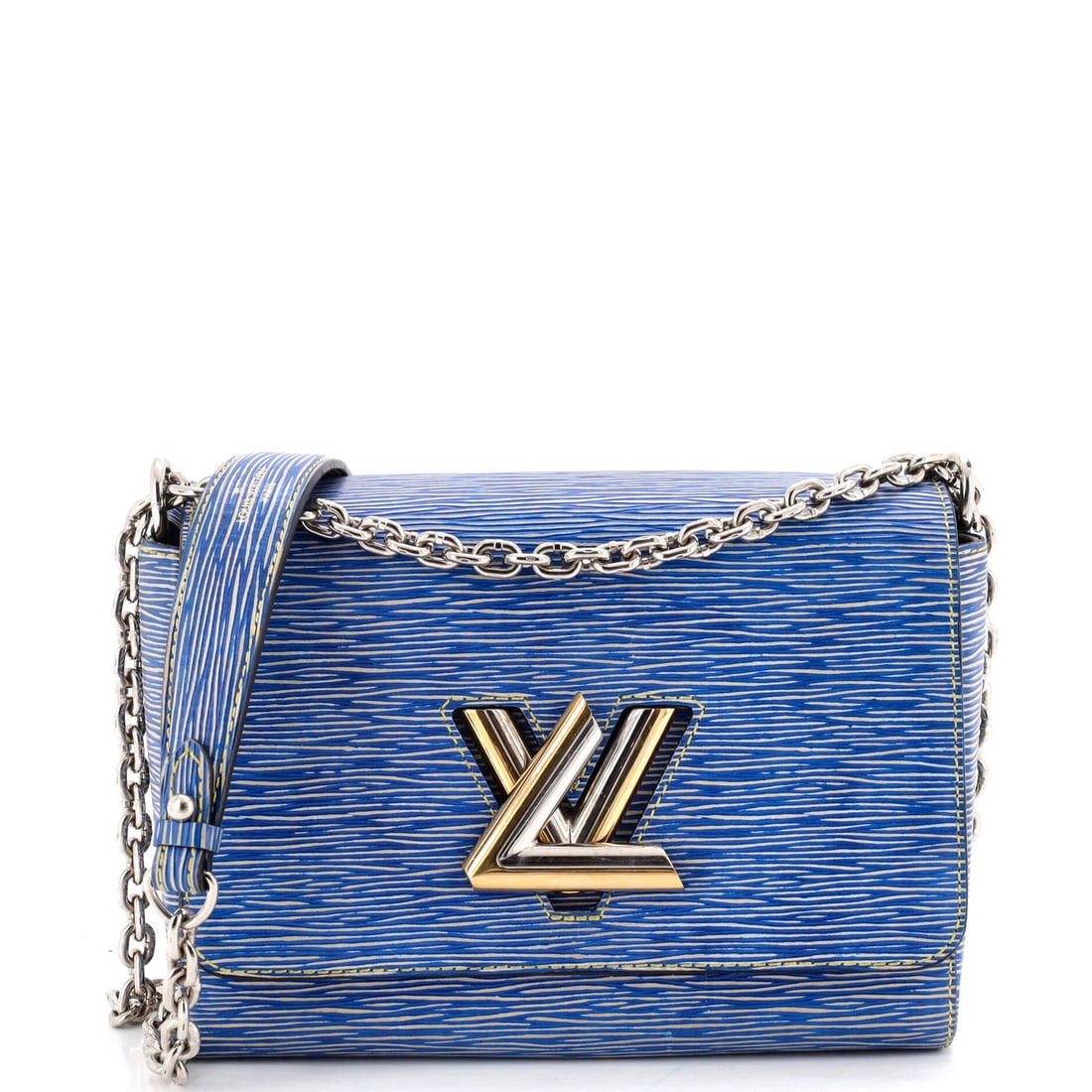 Louis Vuitton Twist Handbag Epi Leather MM: Louis Vuitton Twist Handbag Epi Leather MM The Louis Vuitton Twist Handbag Epi Leather MM boasts a striking blue exterior and sleek design, featuring a 23" strap drop and a mirror-finish exterior.