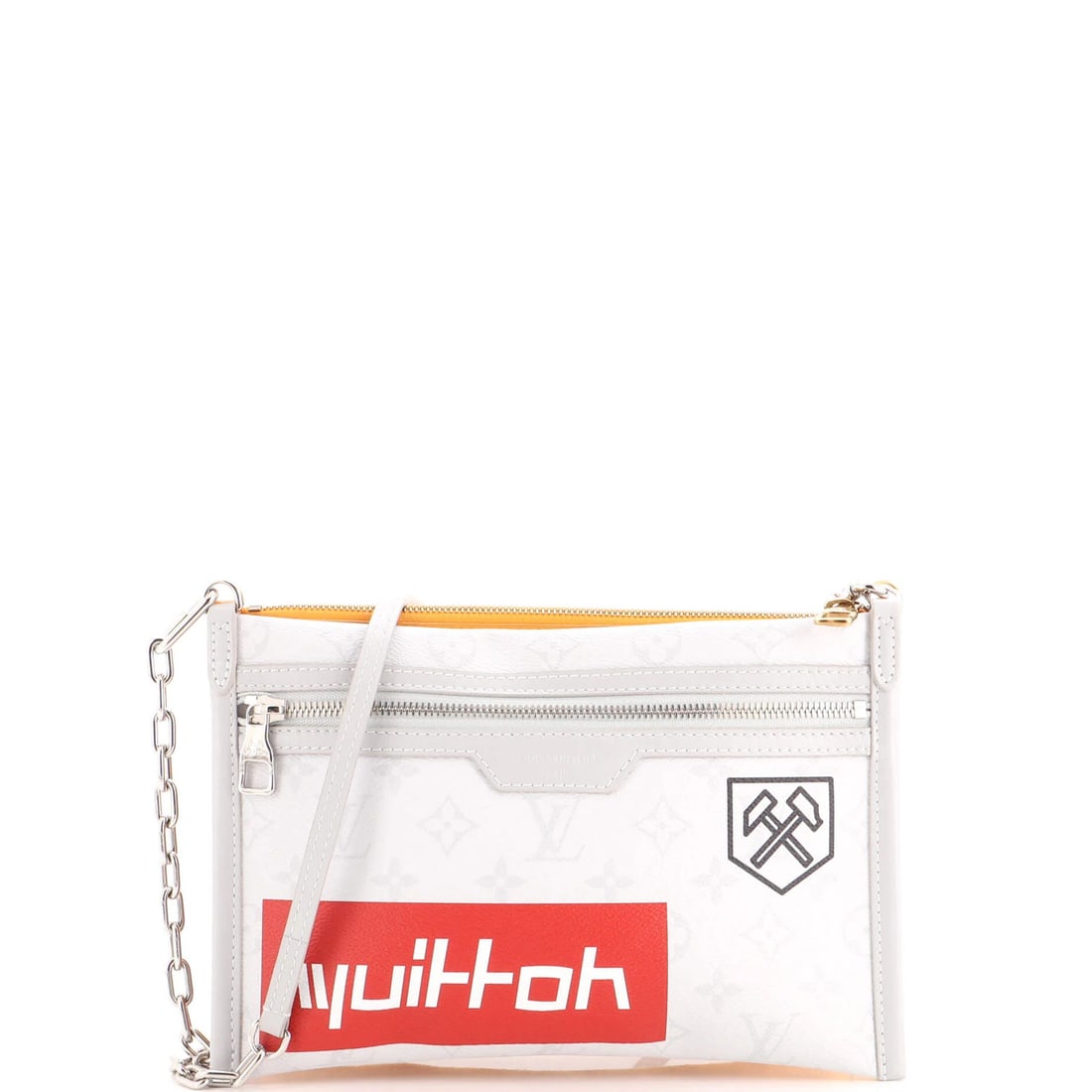 Louis Vuitton Logo Monogram Limited Edition Flat Messenger Bag: Louis Vuitton Logo Monogram Limited Edition Flat Messenger Bag Gray Louis Vuitton Logo Monogram Limited Edition Flat Messenger Bag features a unique canvas and denim exterior, with a silver-toned