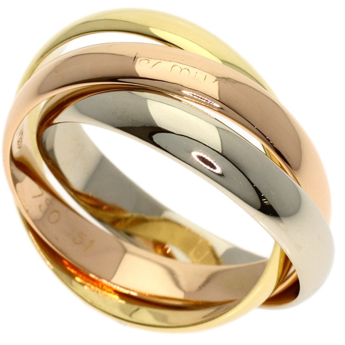 Cartier Trinity #51 Ring K18 Yellow Gold 18K Pink Gold: Cartier Trinity #51 Ring K18 Yellow Gold 18K Pink Gold Cartier Trinity #51 Ring in K18 Yellow Gold features a unique design with a signature. This 18K pink gold piece is a standalone ring with no ston