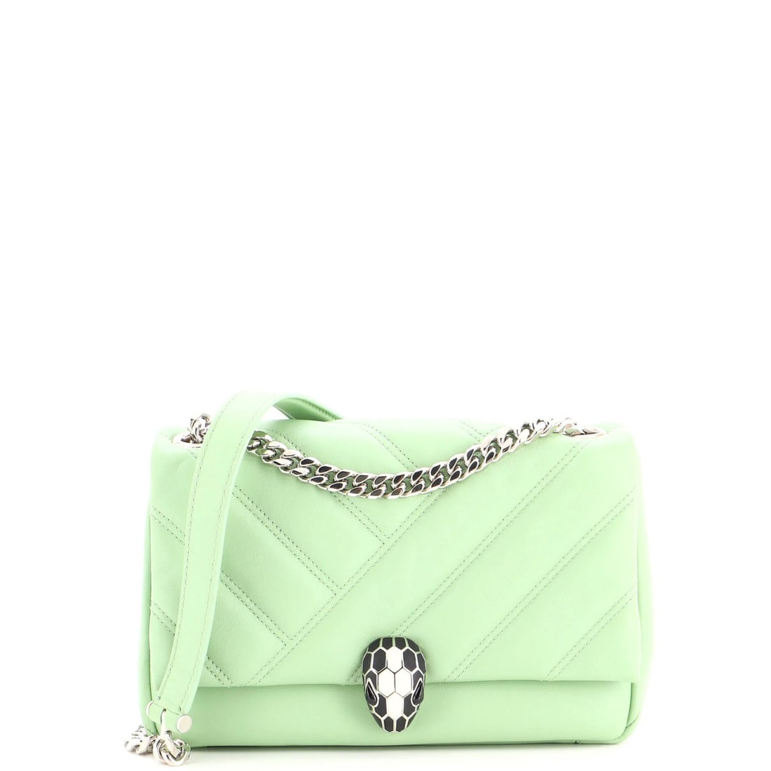 Bvlgari Serpenti Leather Quilted Bag Small Cabochon Diagonal Shoulder: Bvlgari Serpenti Leather Quilted Bag Small Cabochon Diagonal Shoulder Small Bvlgari Serpenti Leather Quilted Bag with Green Exterior and Pink Interior, featuring a diagonal quilted design and silver