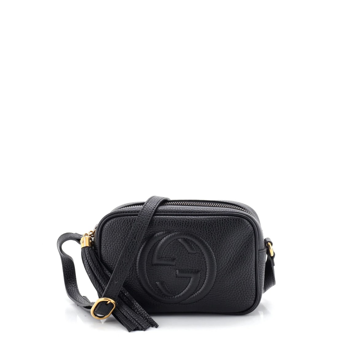 Crossbody Disco Bag Leather Mini Gucci Soho: Crossbody Disco Bag Leather Mini Gucci Soho Black leather mini Gucci Soho Disco Crossbody Bag with gold hardware, featuring a classic cross-body design and minor creases on exterior and interior. The 