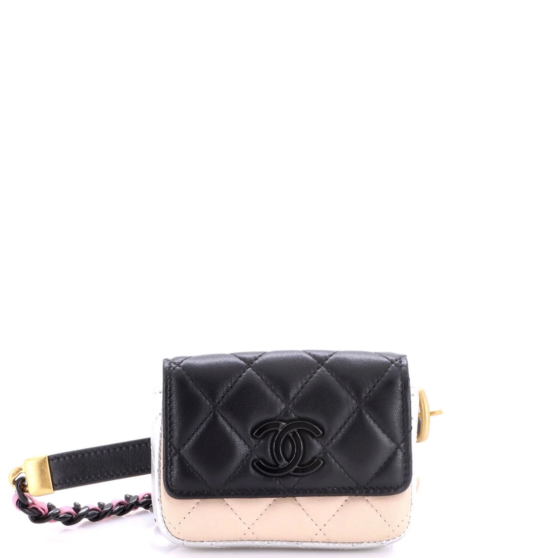 Chain Belt Bag Resin Quilted Lambskin CC Flap Chanel: Chain Belt Bag Resin Quilted Lambskin CC Flap Chanel Chain belt bag with resin CC flap, quilted lambskin exterior, and multicolor design. This unique piece features a resin chain belt and a card