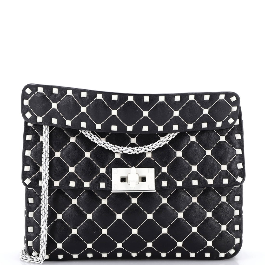 Free Valentino Medium Quilted Rockstud Spike Bag Flap Leather: Free Valentino Medium Quilted Rockstud Spike Bag Flap Leather Black leather medium quilted Rockstud spike flap bag with a free strap, featuring a 6" height and 9" width. The bag's exterior shows