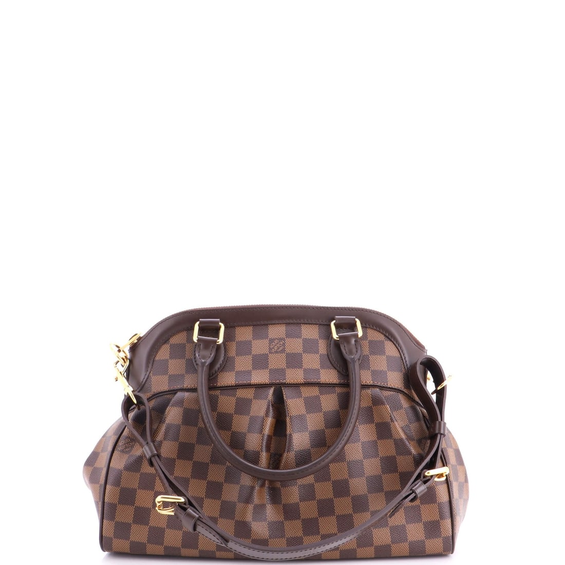 Trevi Handbag Damier Louis Vuitton: Trevi Handbag Damier Louis Vuitton Brown canvas coated Louis Vuitton Damier PM satchel with gold hardware, featuring a classic design and subtle scuffs on the exterior. The interior is lined with red 