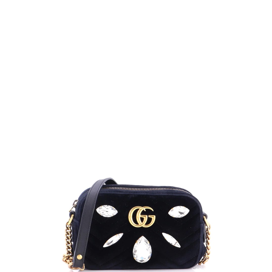 Crystal Embellished Matelasse Velvet Mini Shoulder Bag Gucci GG Marmont: Crystal Embellished Matelasse Velvet Mini Shoulder Bag Gucci GG Marmont Crystal Embellished Matelasse Velvet Mini Shoulder Bag Gucci GG Marmont features a striking black exterior adorned with crystal 